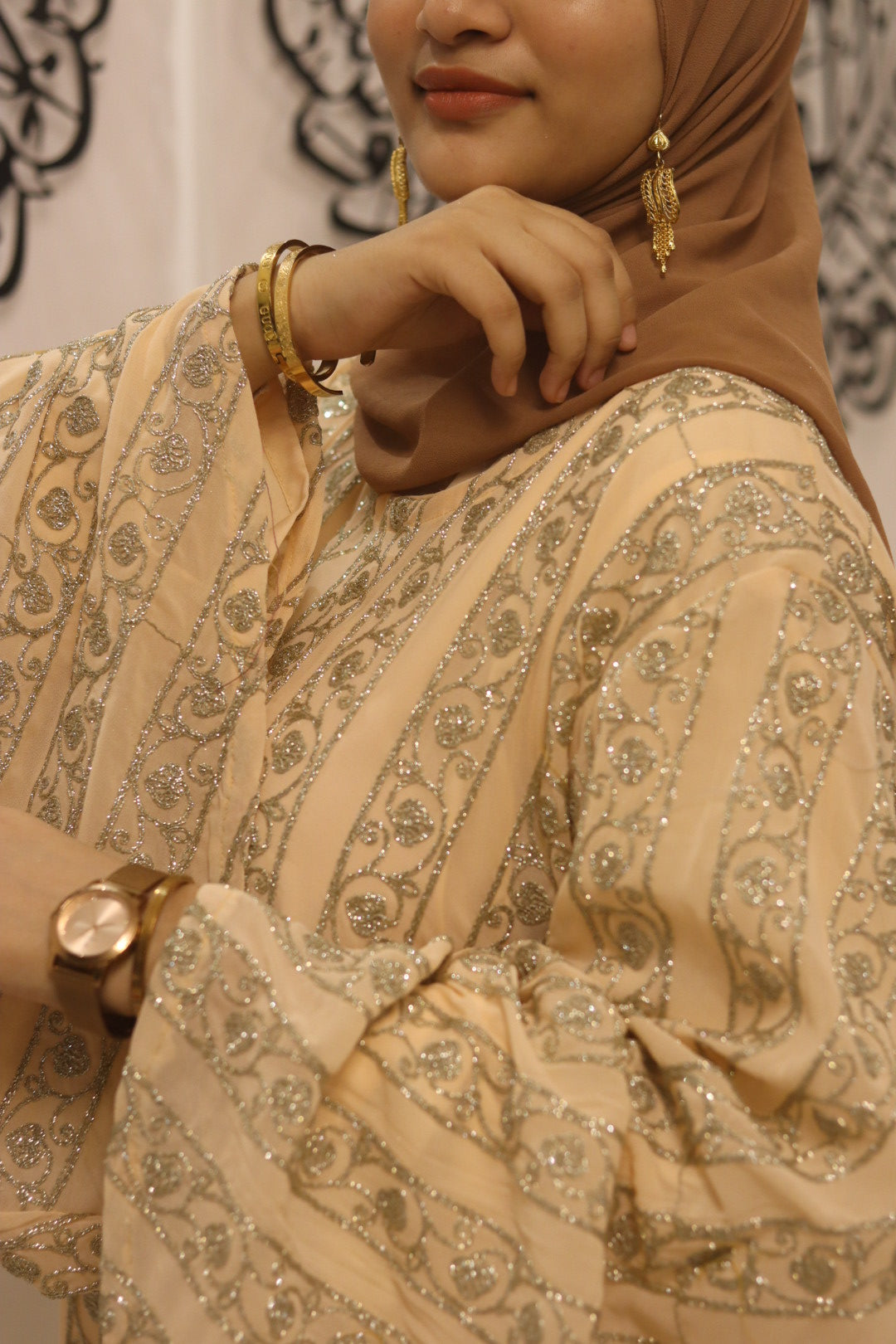 Sparkle cutwork 2pc abaya with inner slit - without hijab