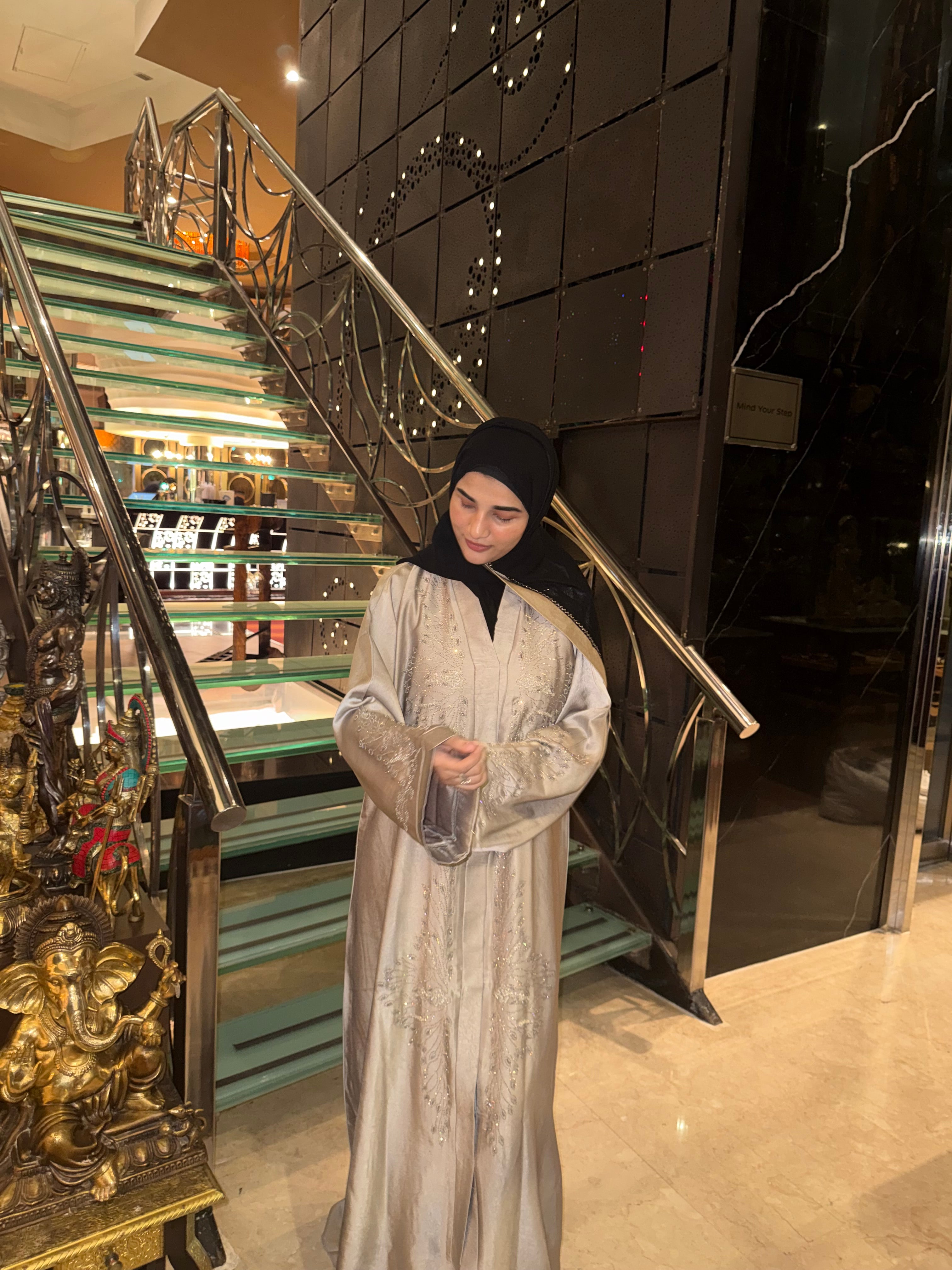 Luxe beige Rhinestone Abaya - (With hijab)
