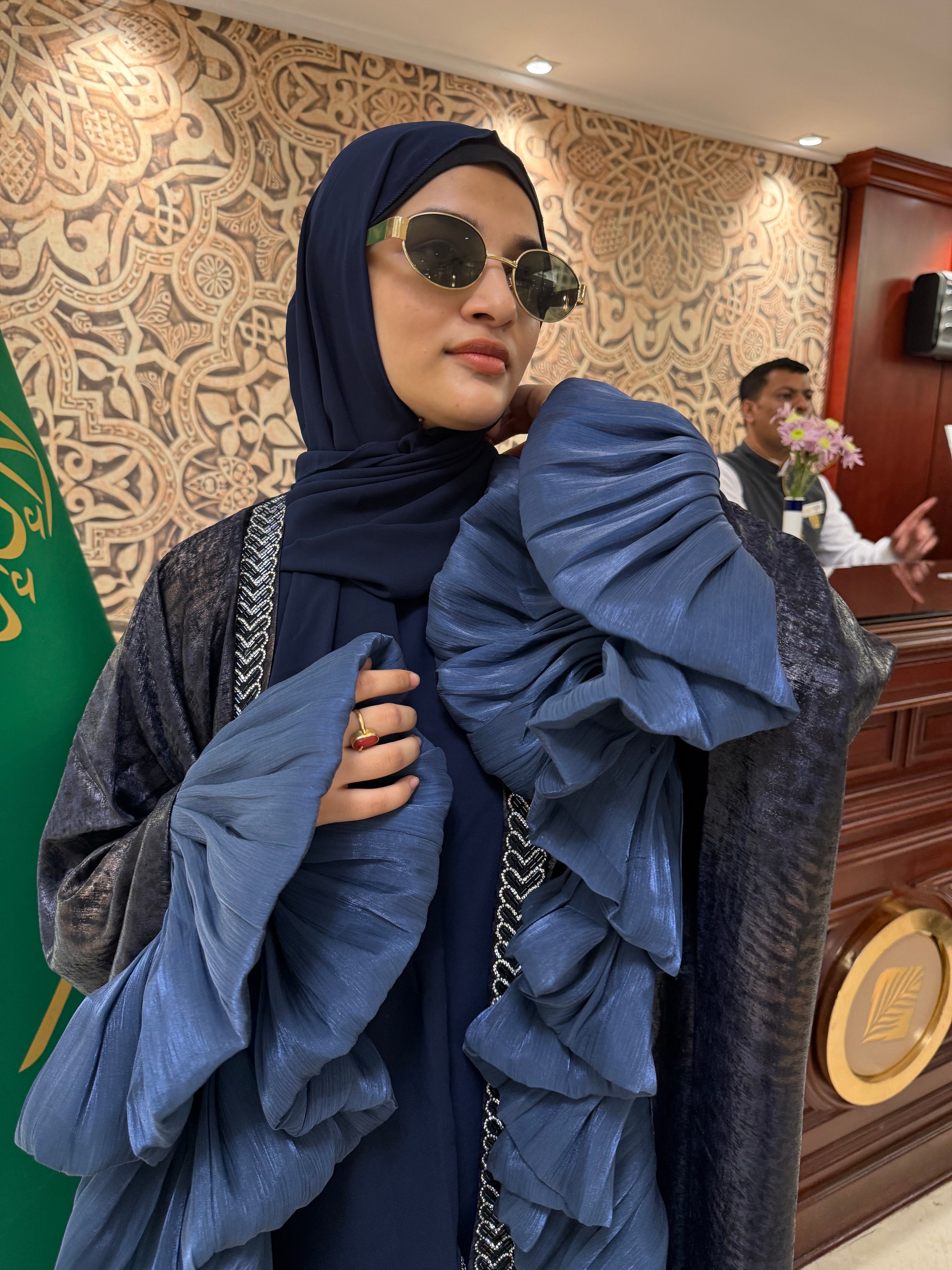 Ayrah organza Abaya Premium Full Set -Blue (with Full Sleeves Inner Slit & Hijab)