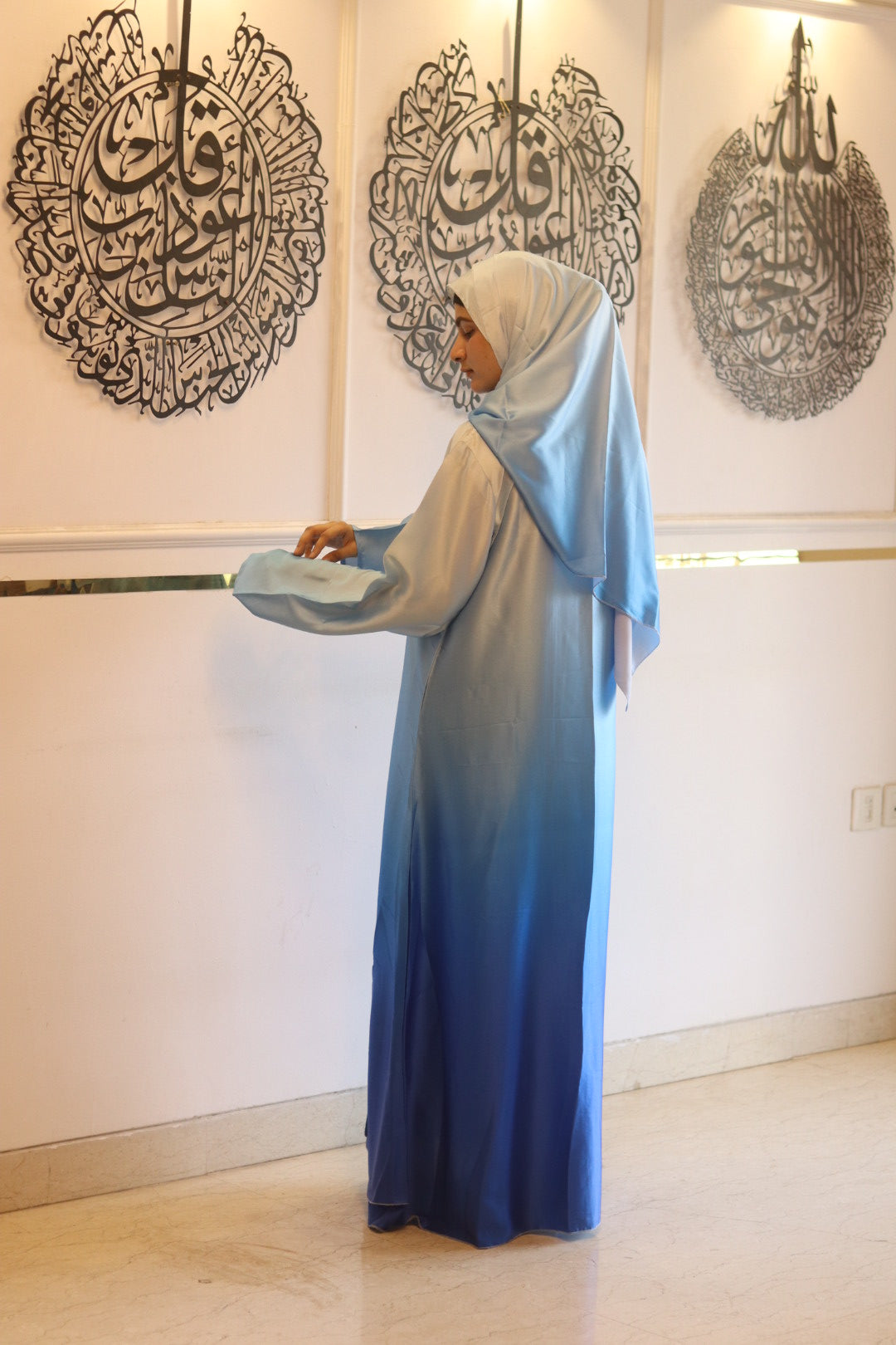 Blue ombre abaya with matching hijab (with attached Inner Slit & Hijab)