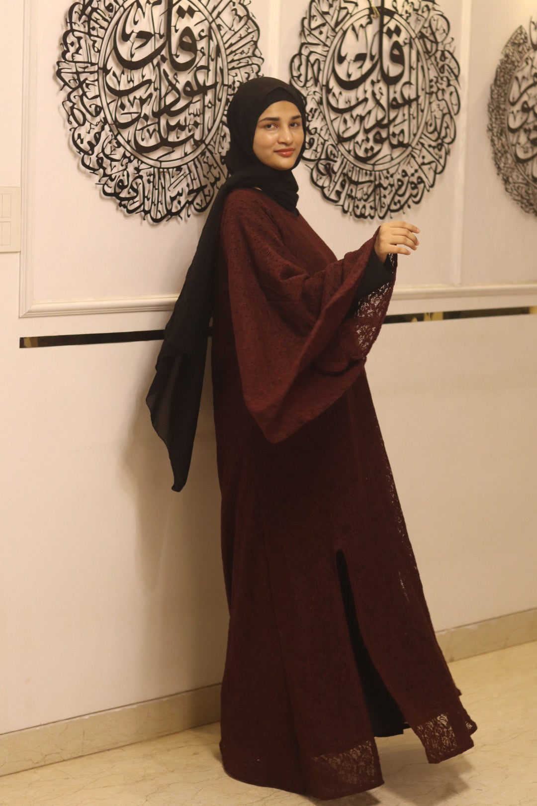 Maroon cutwork abaya with inner slit & hijab