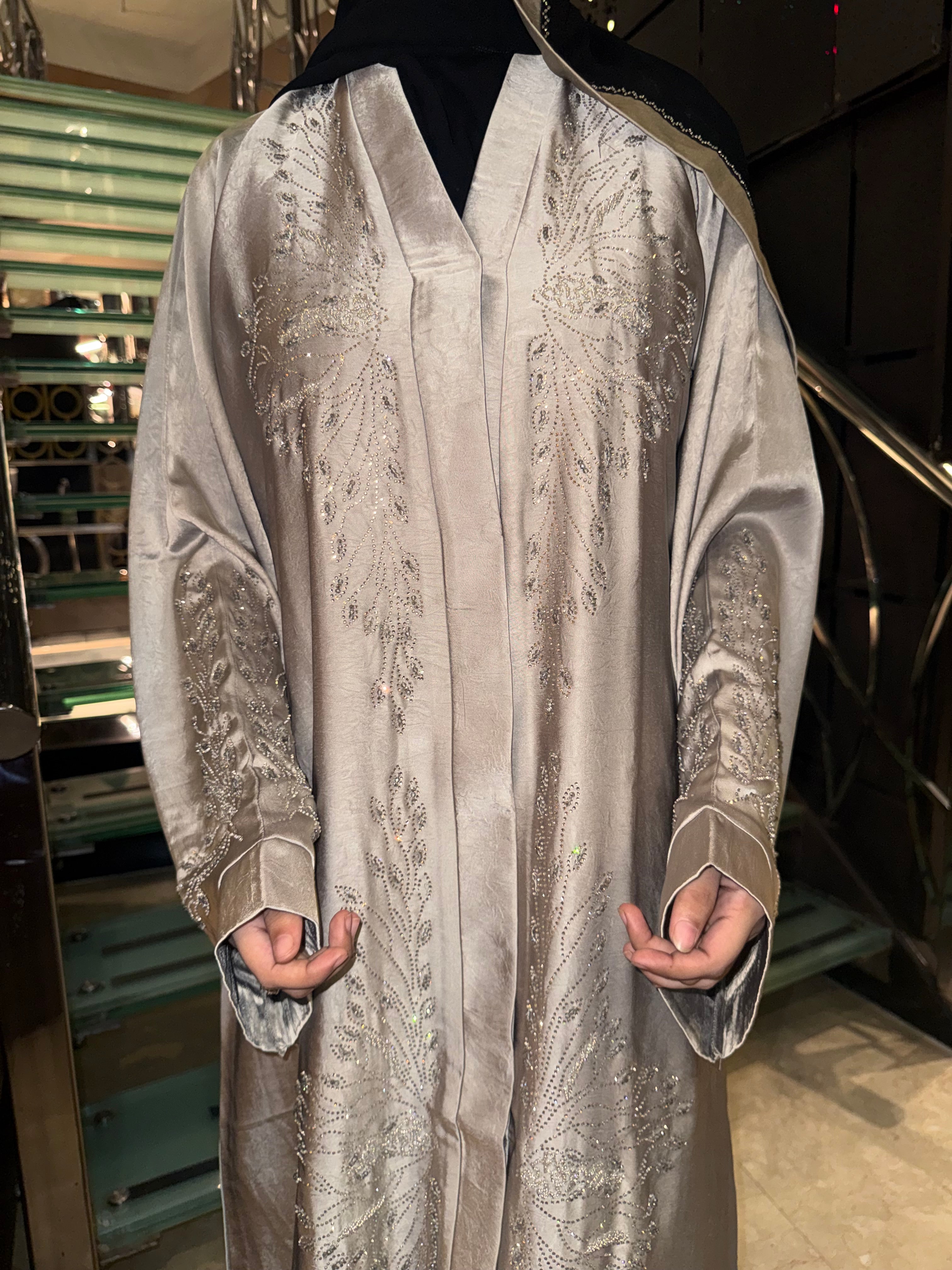 Luxe beige Rhinestone Abaya - (With hijab)