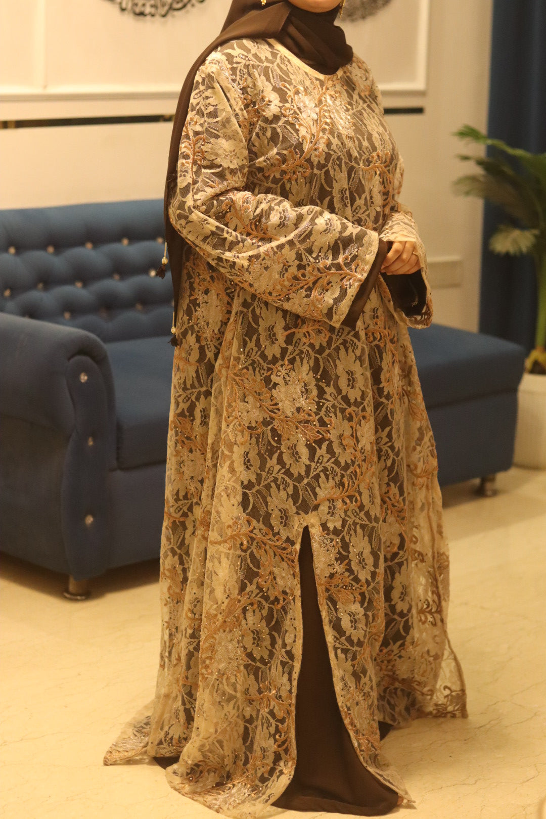 Net noir abaya- beige (with inner slit & hijab)