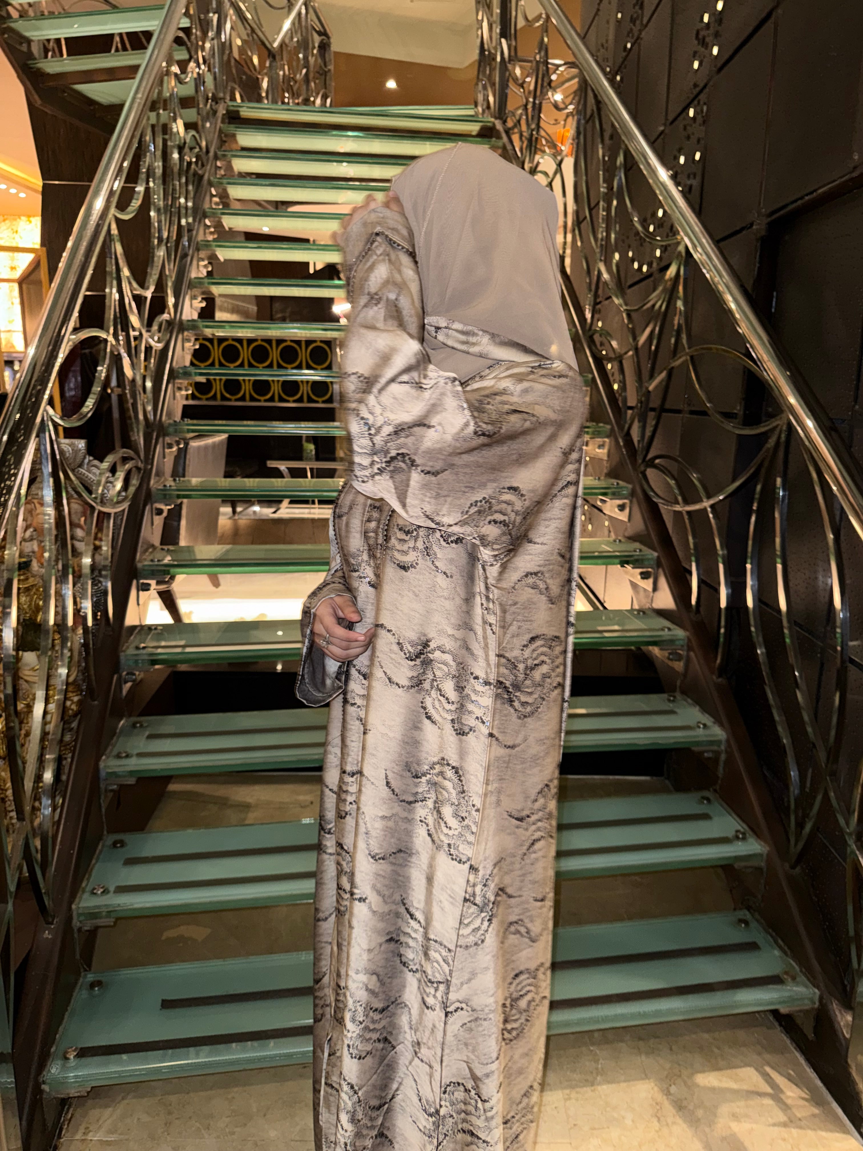 Beige Korean print Abaya - (hijab included)
