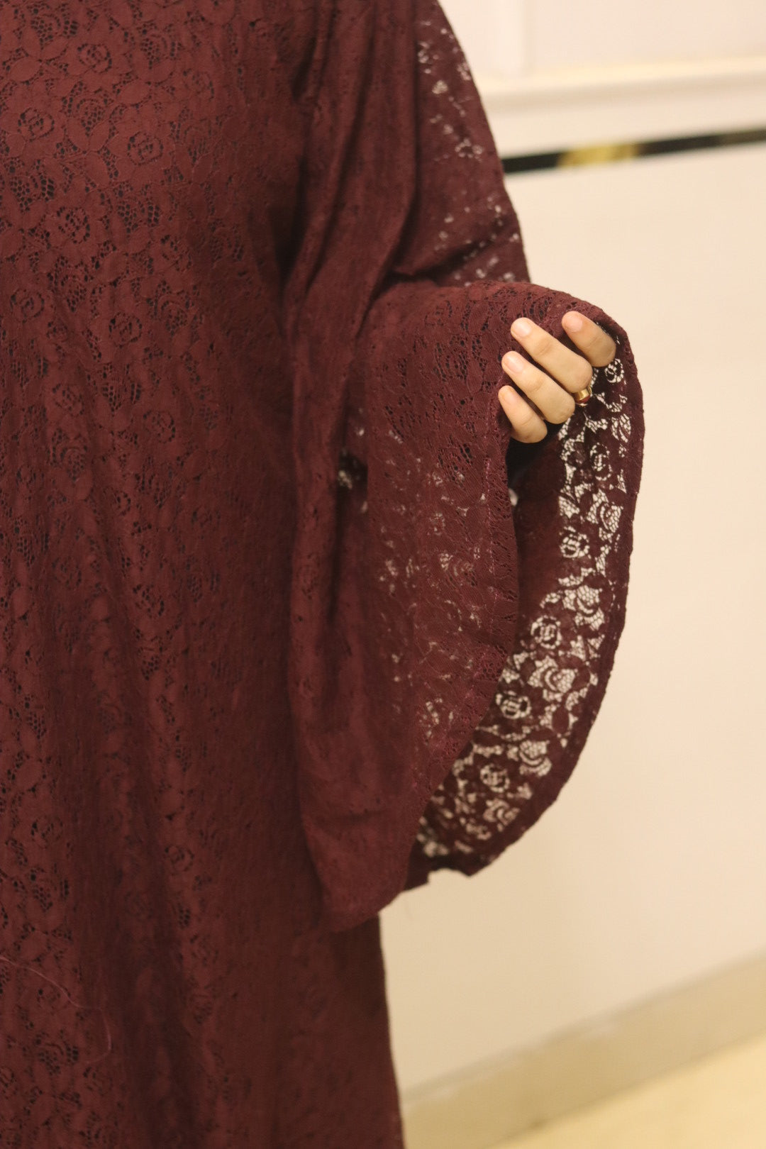 Maroon cutwork abaya with inner slit & hijab