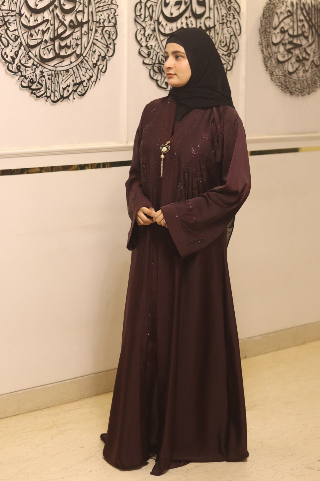 Moonleaf abaya- maroon with attached inner slit & hijab