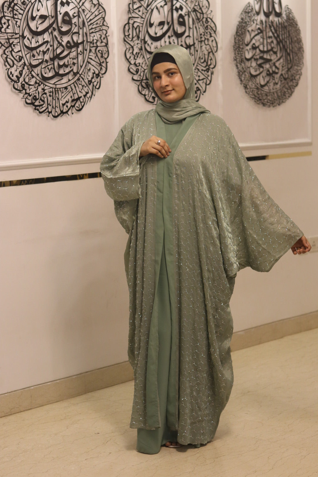 Pistachio tissue abaya set - with inner slit & matching organza hijab