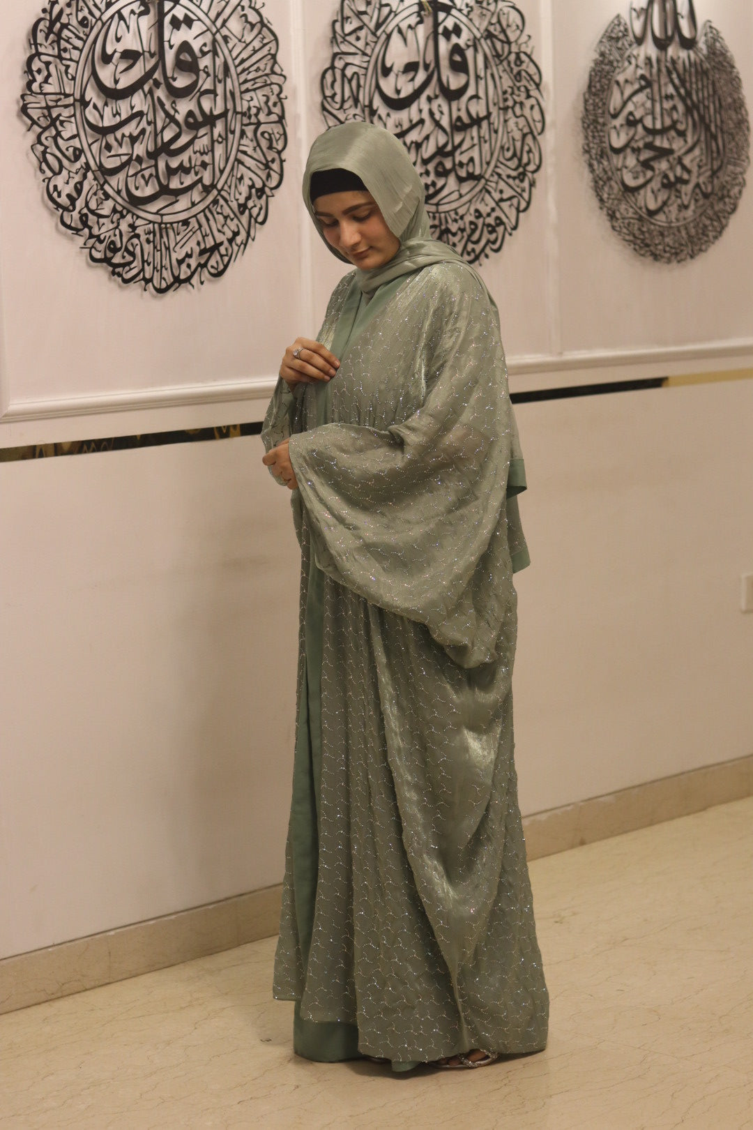 Pistachio tissue abaya set - with inner slit & matching organza hijab