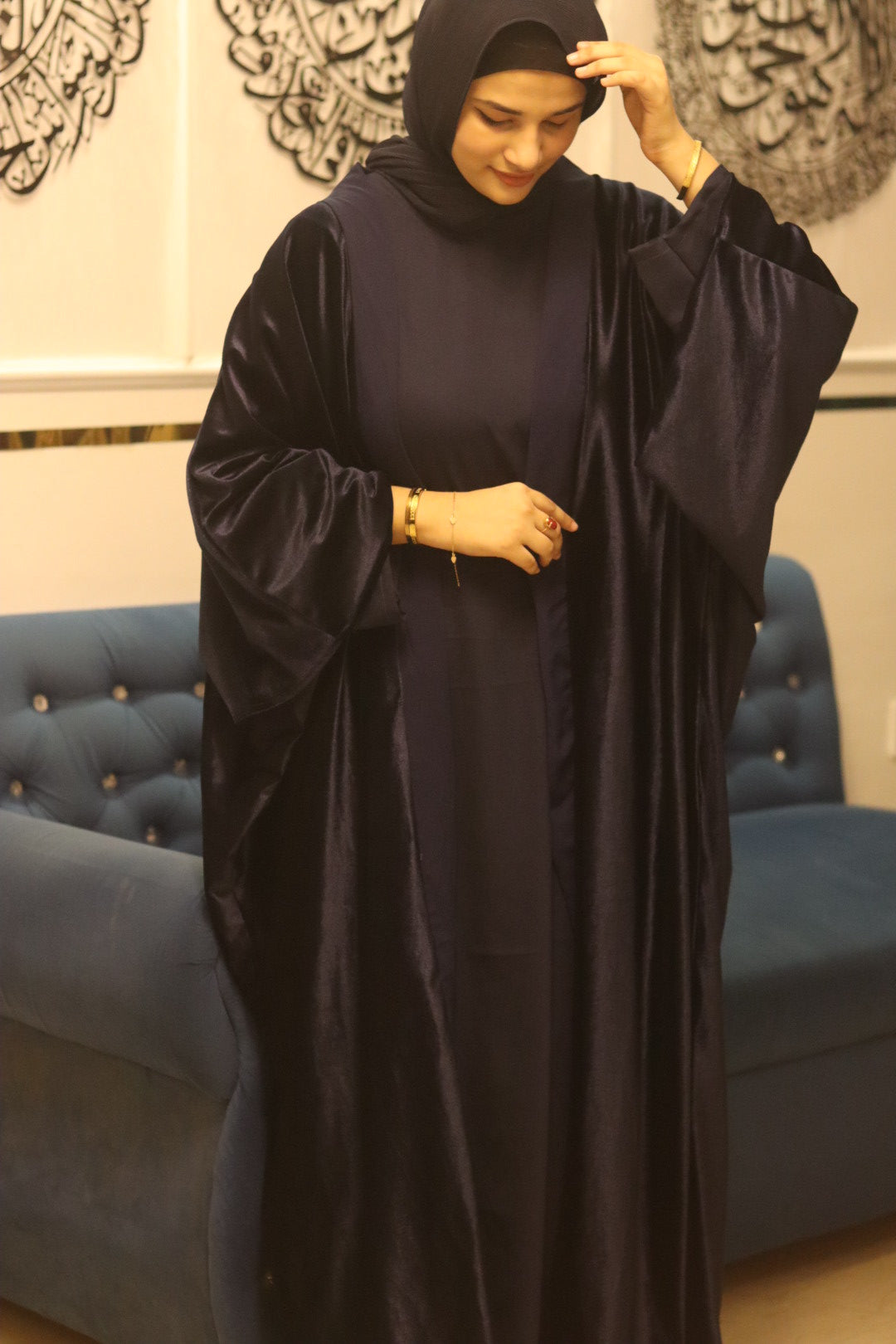 Velvet shrug Abaya Premium -Blue (with Inner Slit)