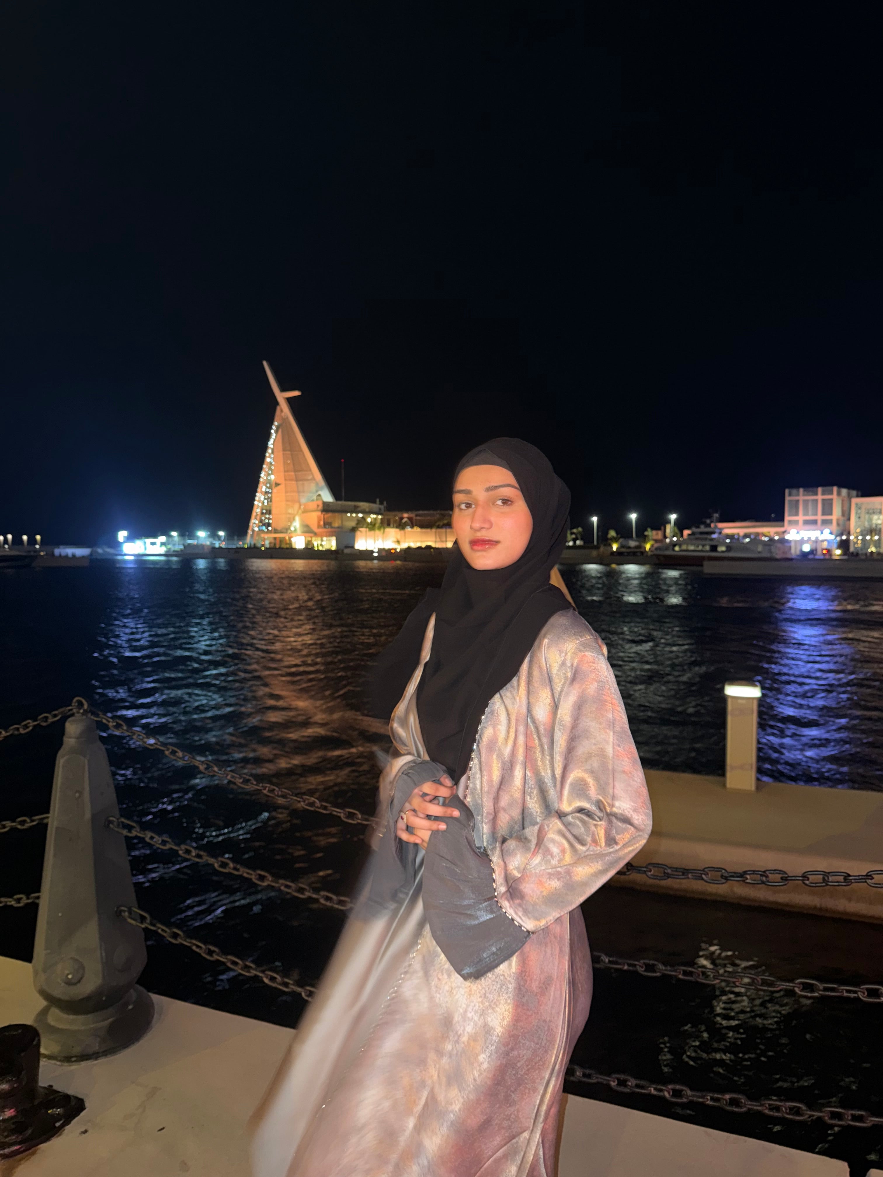 Mosaic print shimmer shrug abaya set (with inner slit & Hijab)