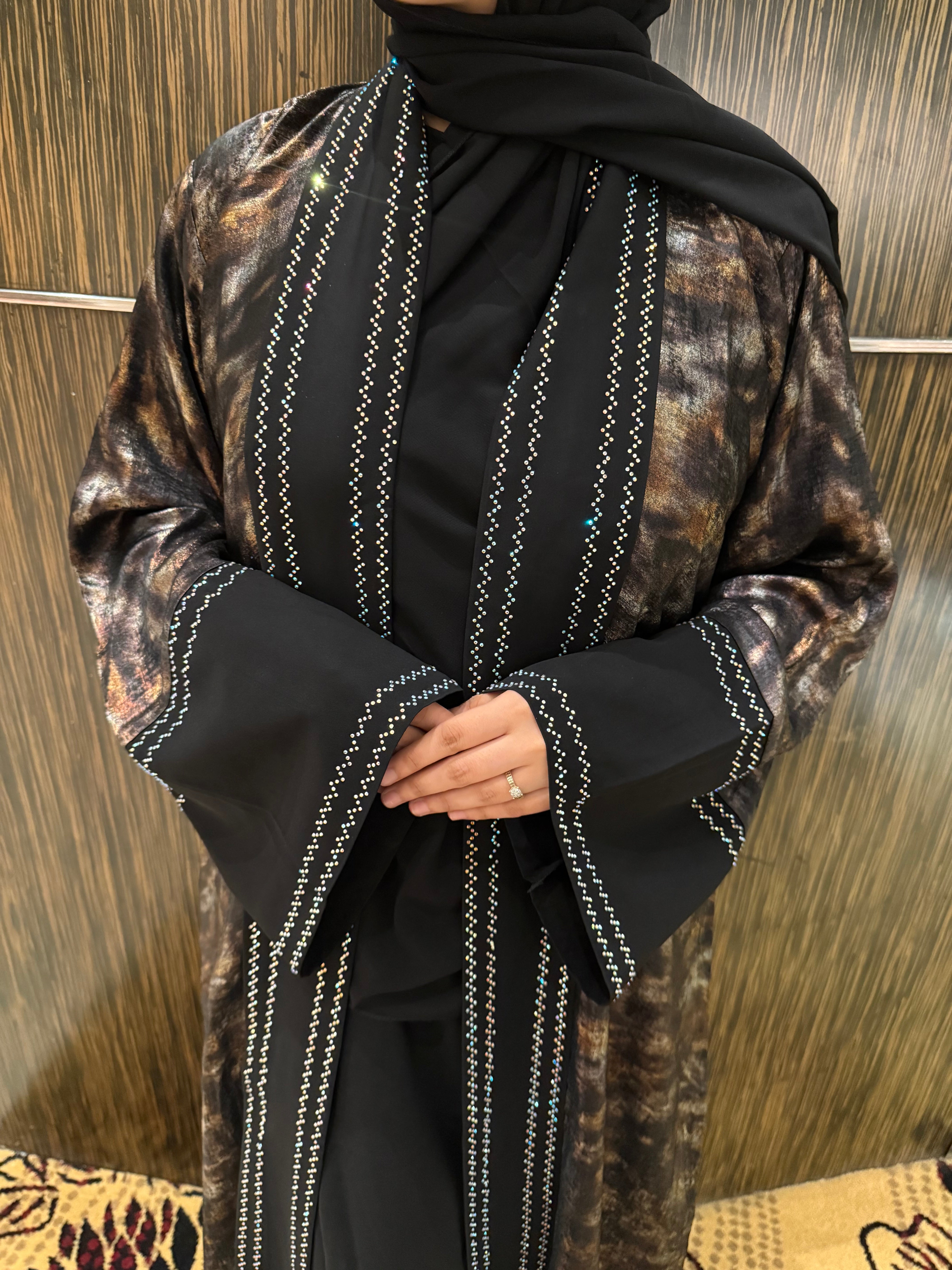 Shimmery dark Coco Abaya Premium Full Set -brown (with Inner Slit & Hijab)