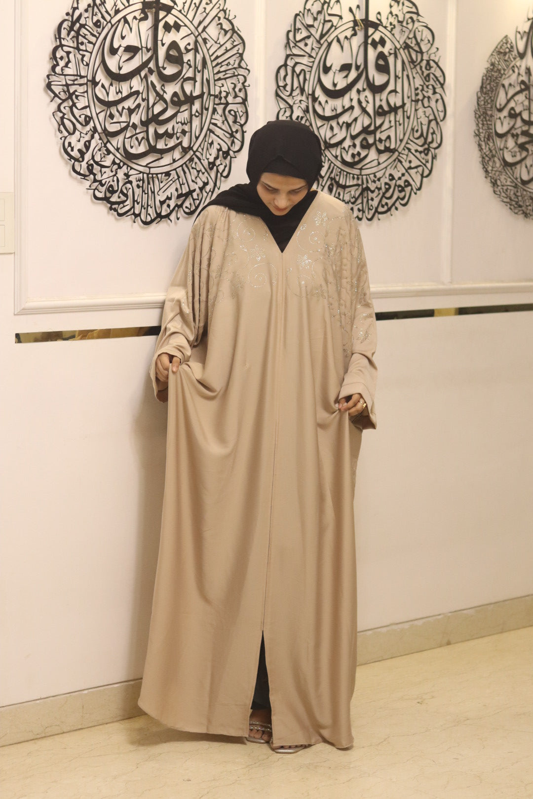 Sand-star kaftan abaya- beige with hijab