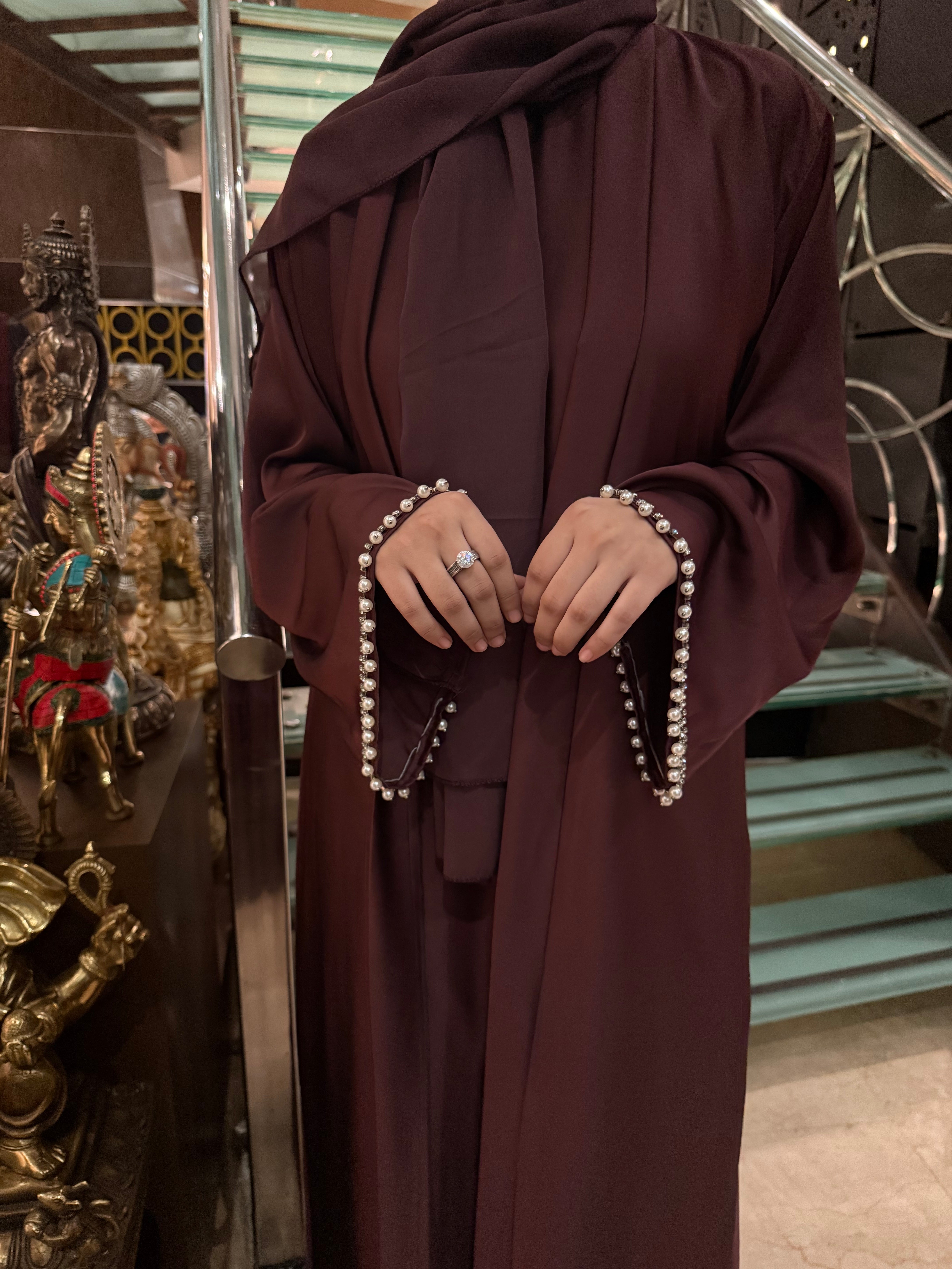 Satin pearl Premium abaya Full Set -burgundy (with Inner Slit & Hijab)