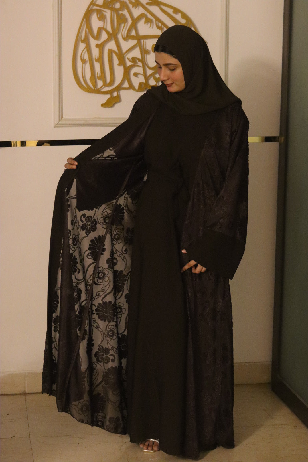 Hazel Net Abaya with inner slit & matching hijab- 3 pc set
