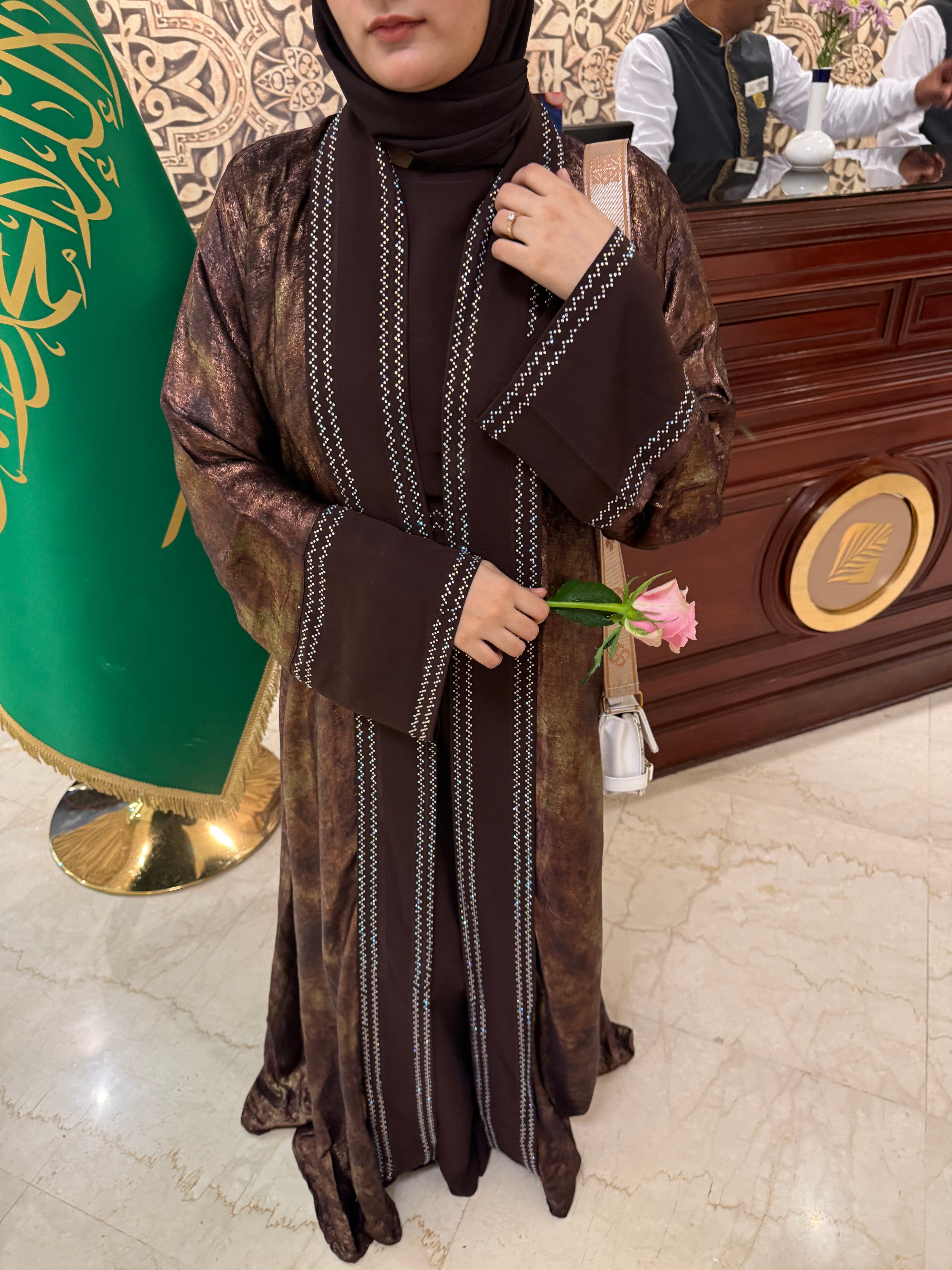 Shimmery Coco Abaya Premium Full Set -brown (with Inner Slit & Hijab)