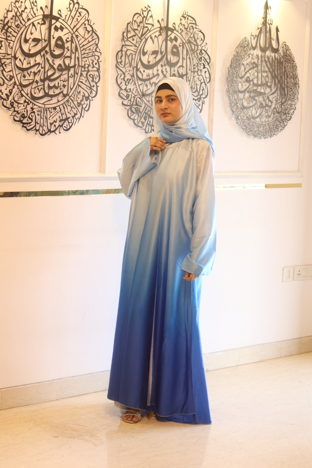 Blue ombre abaya with matching hijab (with attached Inner Slit & Hijab)