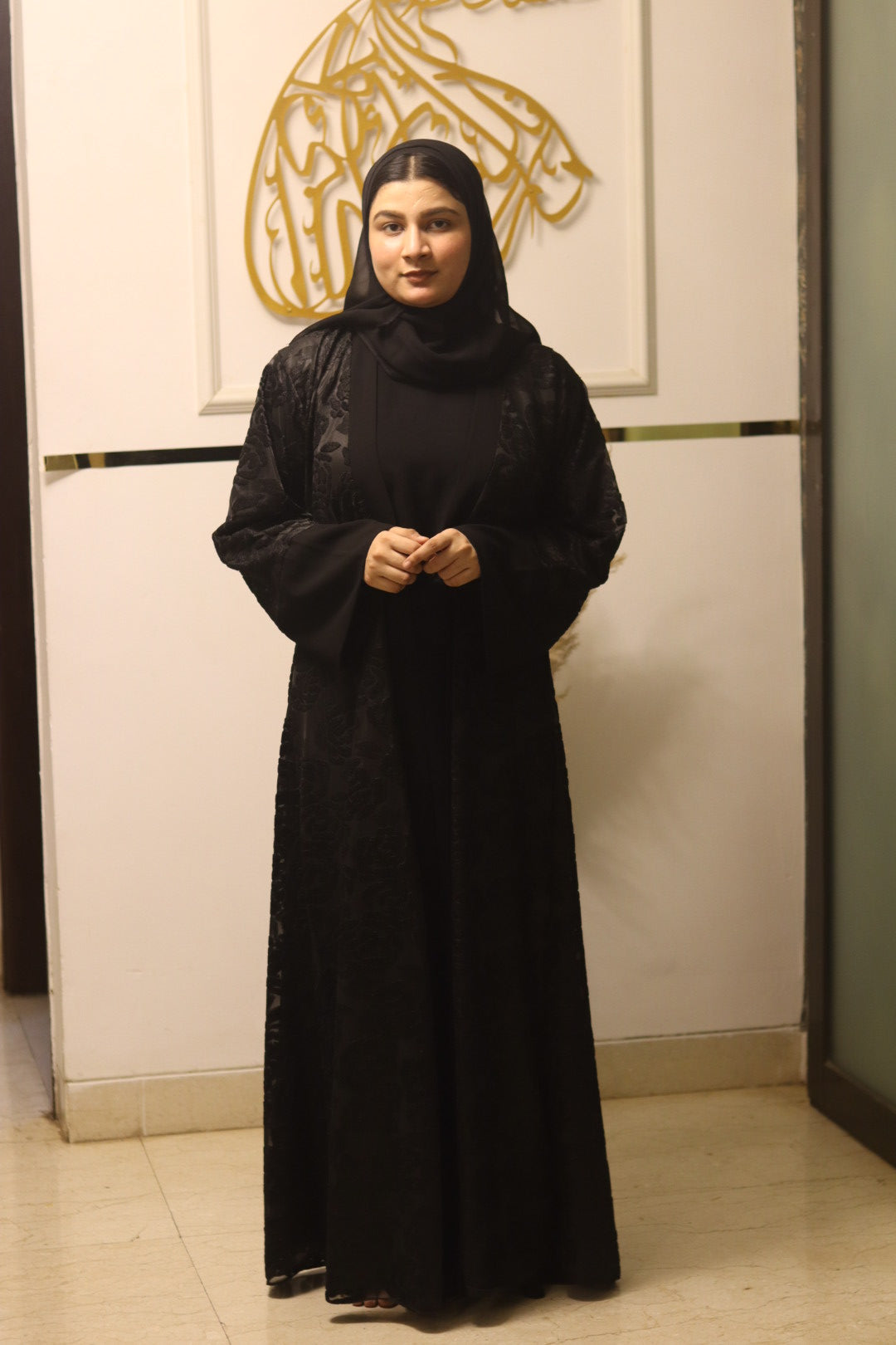 Black Net Abaya with inner slit & matching hijab- 3 pc set