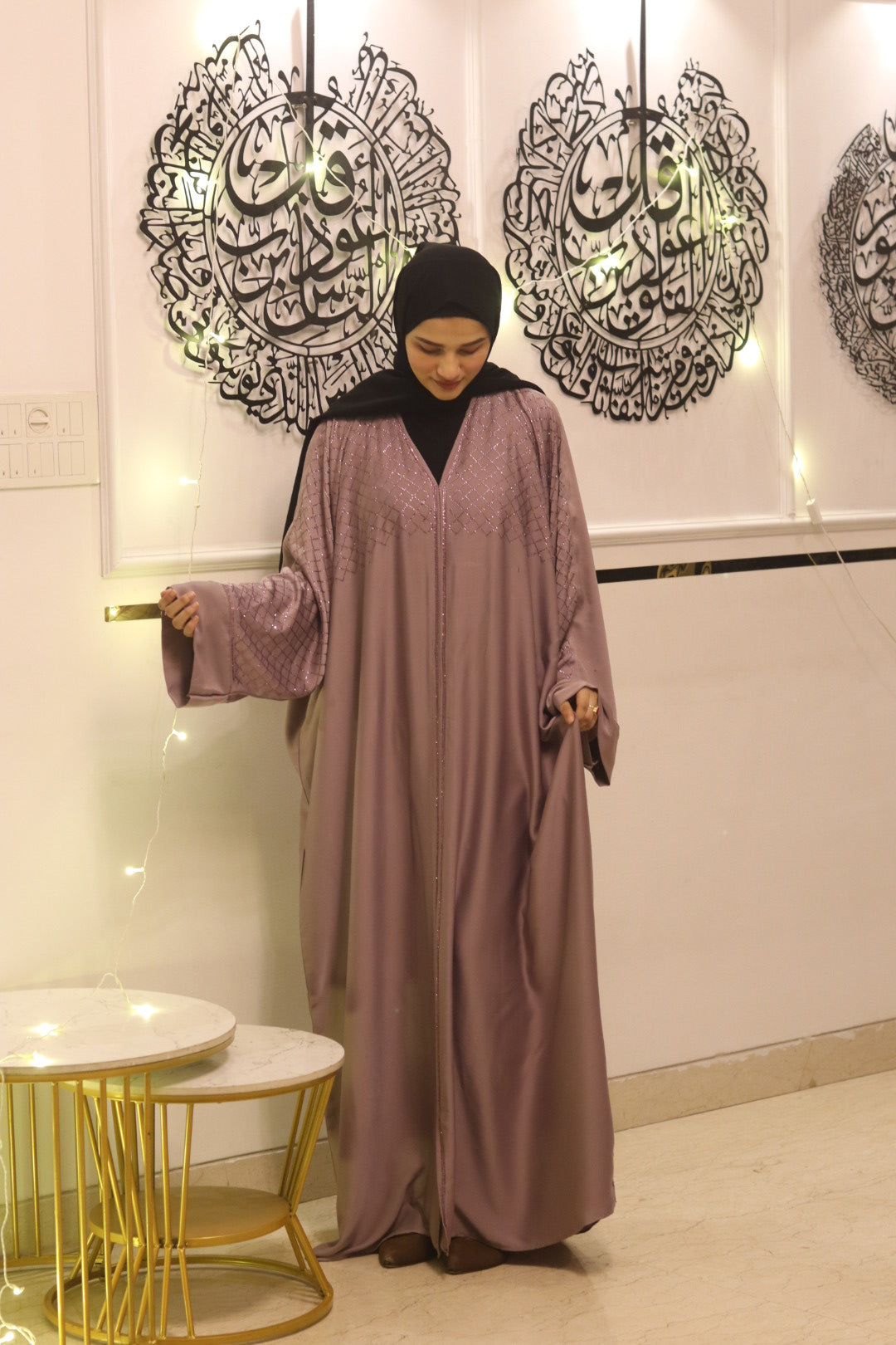 Mauve stonework abaya with hijab