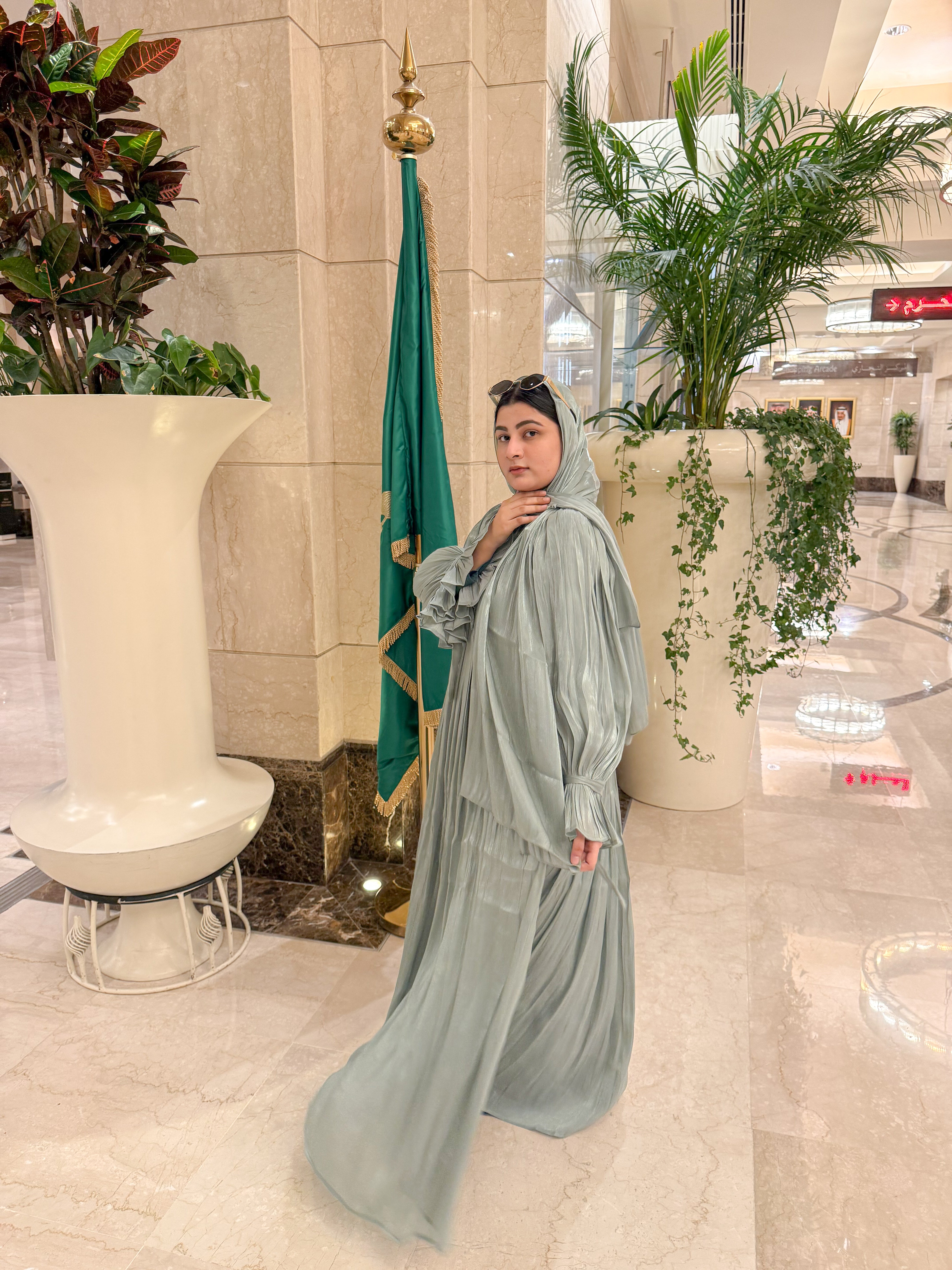Elsa Abaya Premium Full Set -mint (with Full Sleeves Inner Slit & Hijab)