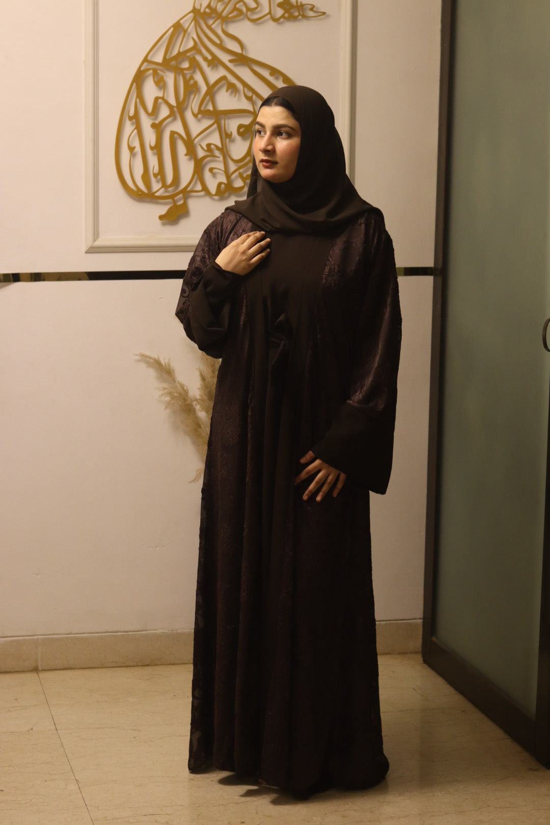 Hazel Net Abaya with inner slit & matching hijab- 3 pc set