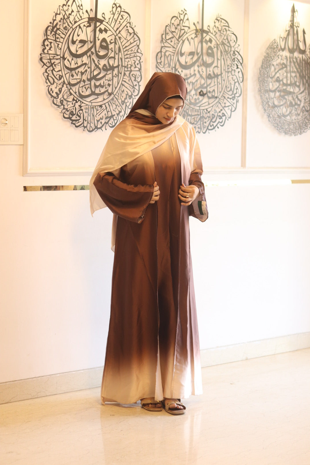 Brown ombre abaya with matching hijab (with attached Inner Slit & Hijab)