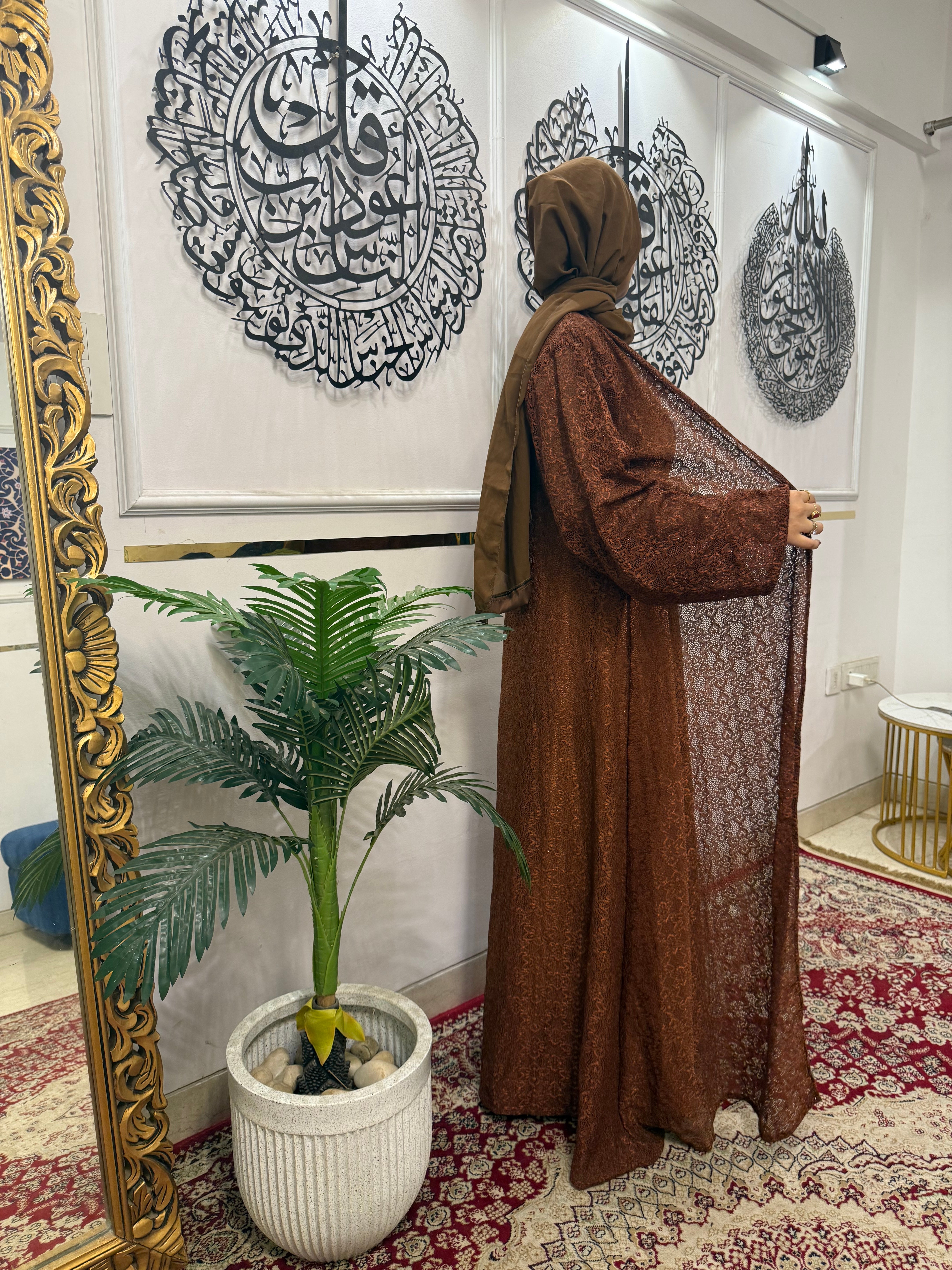 Brown dreamy lace shrug Inner slit and hijab not included – Earthy Brown