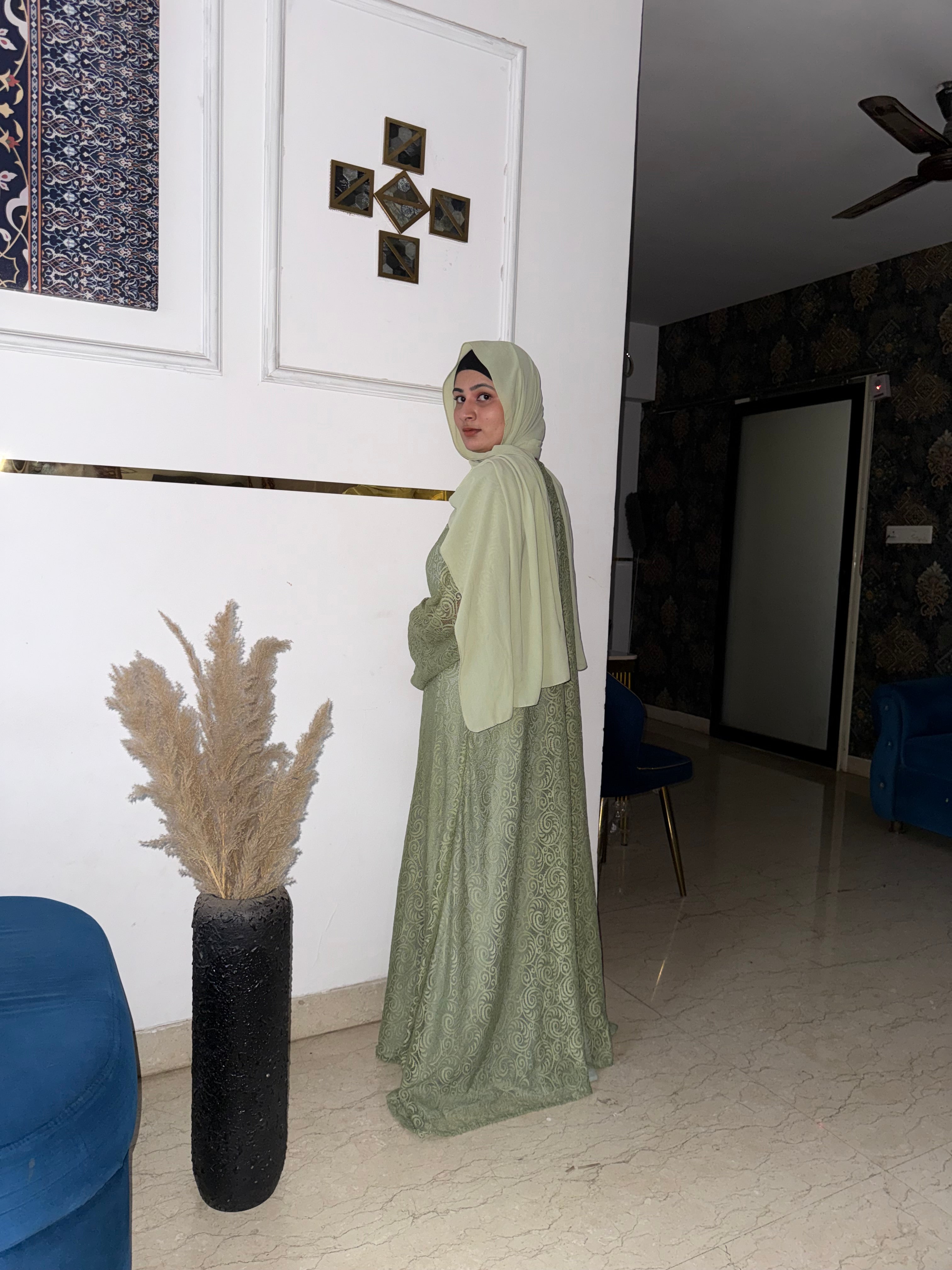 Luxury Sage Green shrug, Modest Evening Cardigan, Inner slit and hijab not included