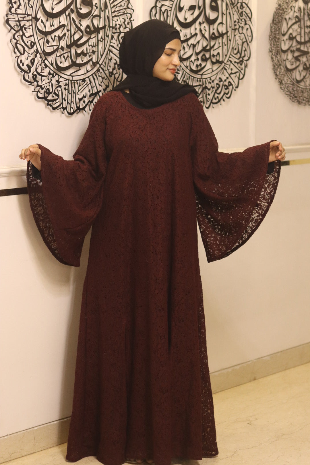 Maroon cutwork abaya with inner slit & hijab