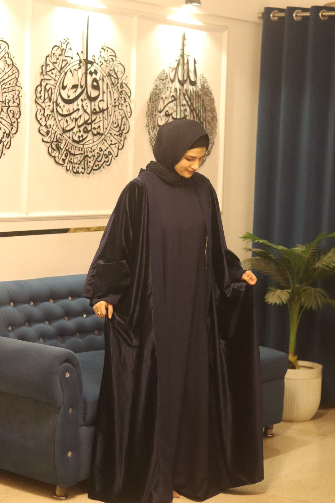 Velvet shrug Abaya Premium -Blue (with Inner Slit)