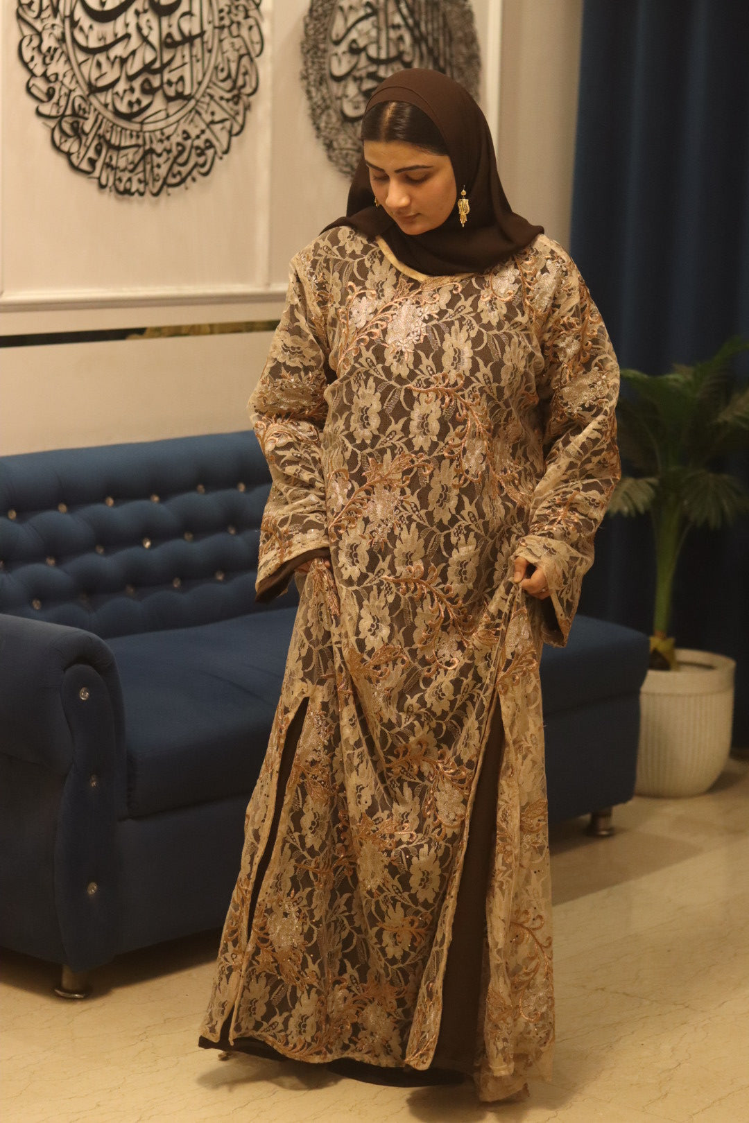 Net noir abaya- beige (with inner slit & hijab)