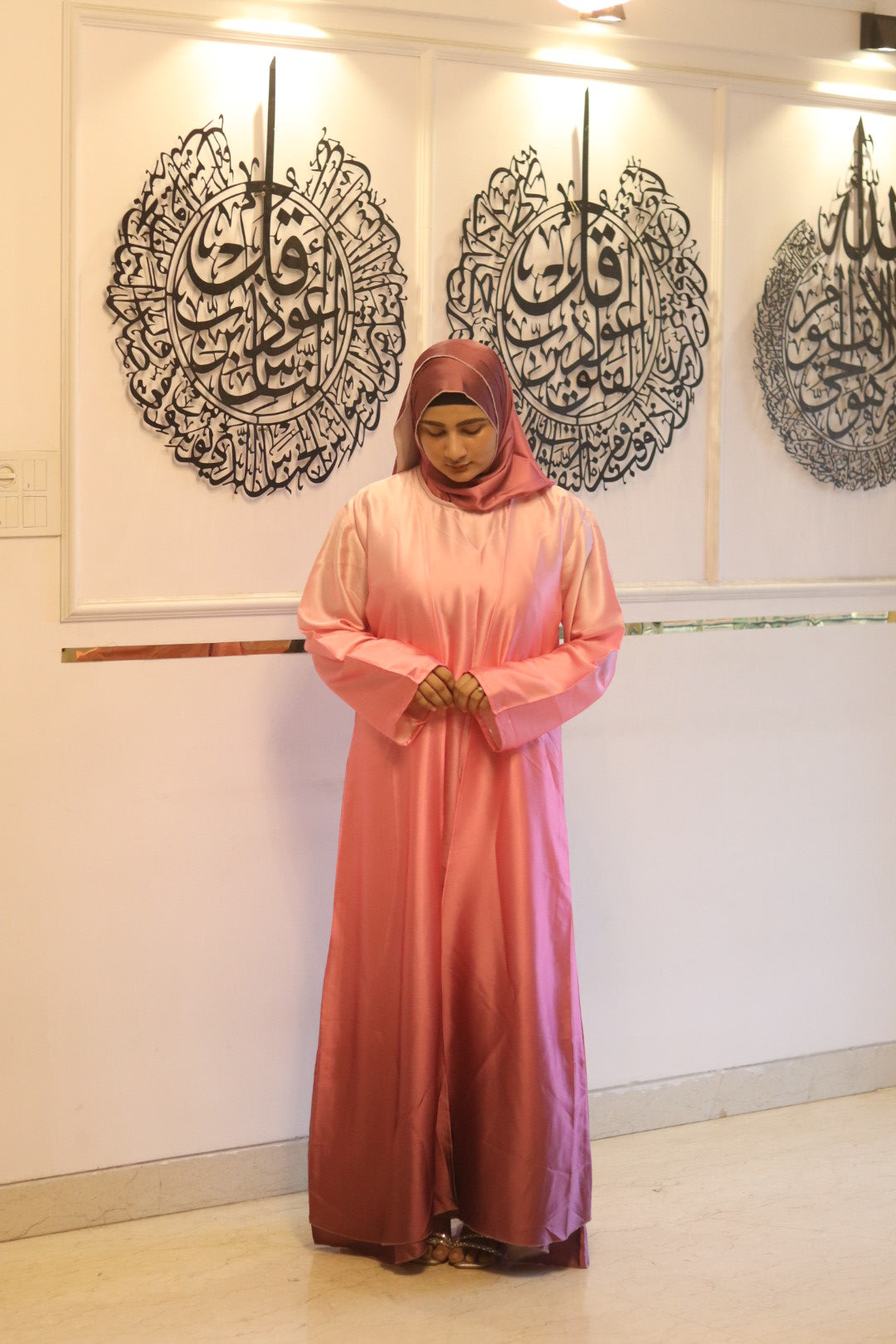 Pink Ombre Abaya with matching hijab (with attached Inner Slit & Hijab)