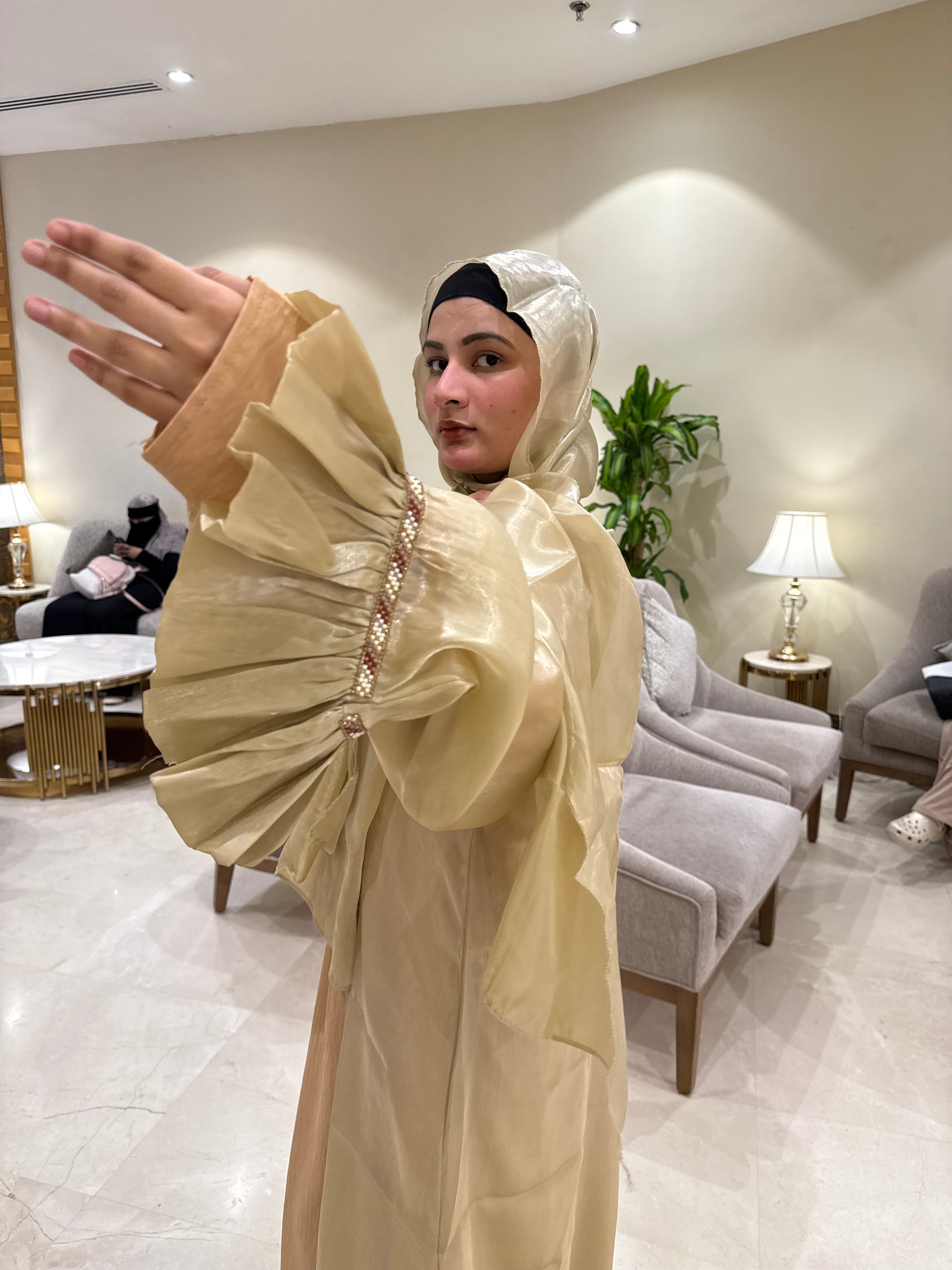 Beige metallic shrug set (with inner slit & Hijab)
