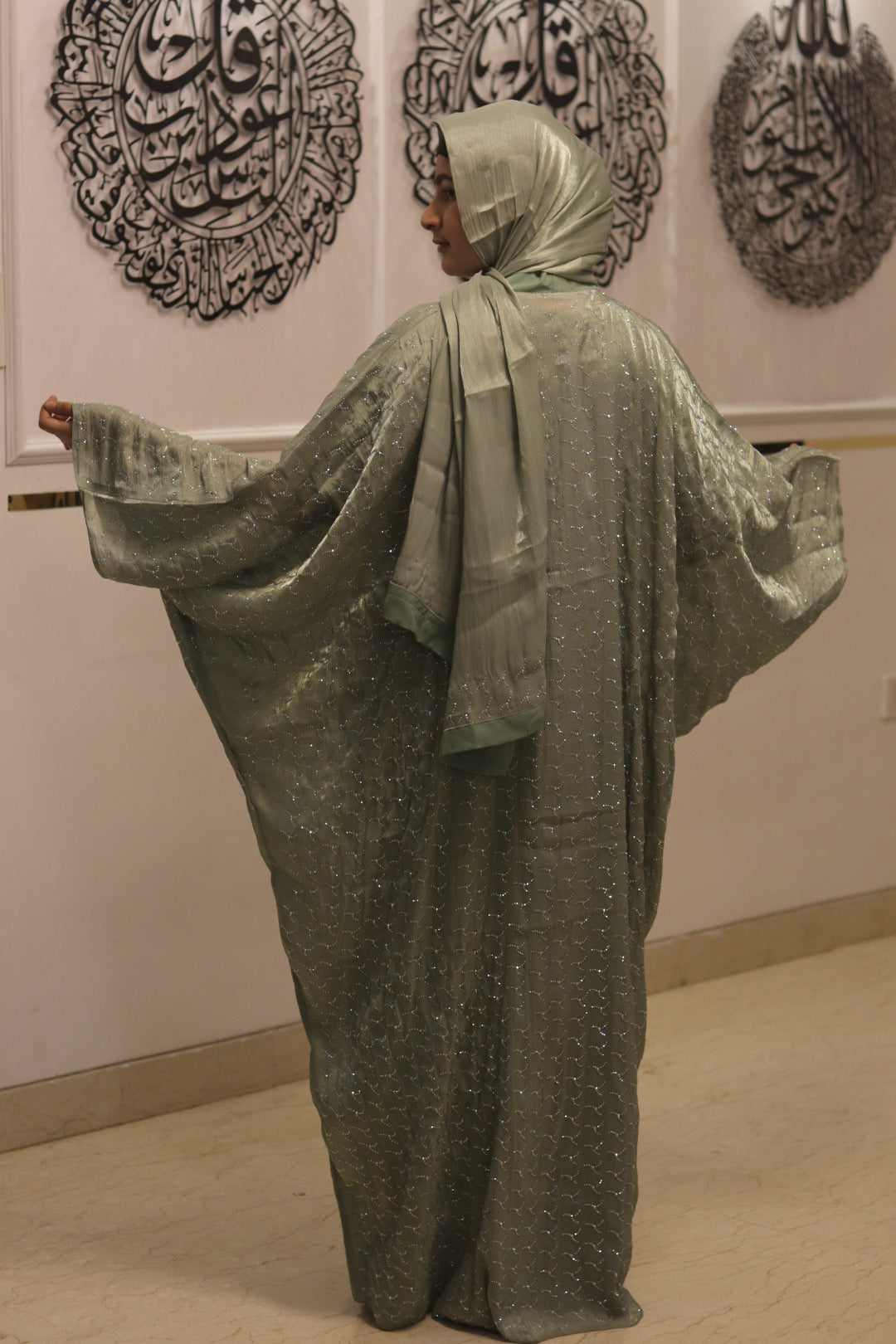 Pistachio tissue abaya set - with inner slit & matching organza hijab