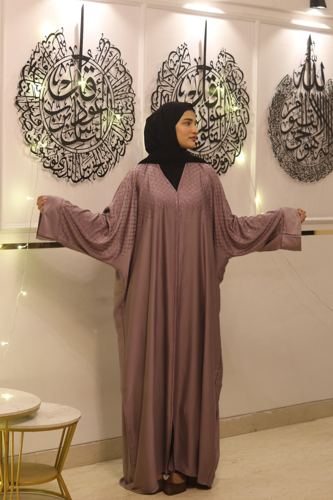 Mauve stonework abaya with hijab
