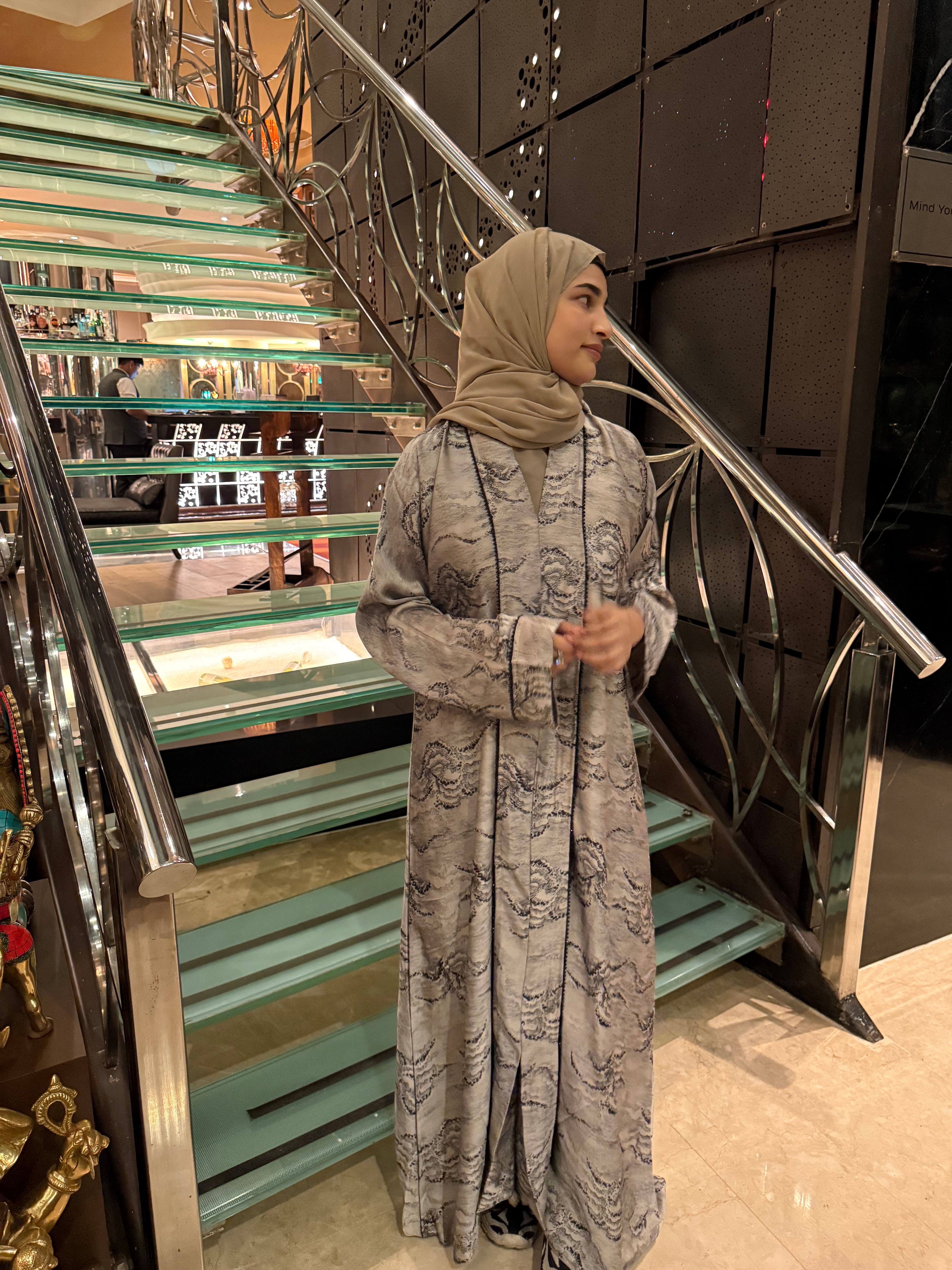 Beige Korean print Abaya - (hijab included)