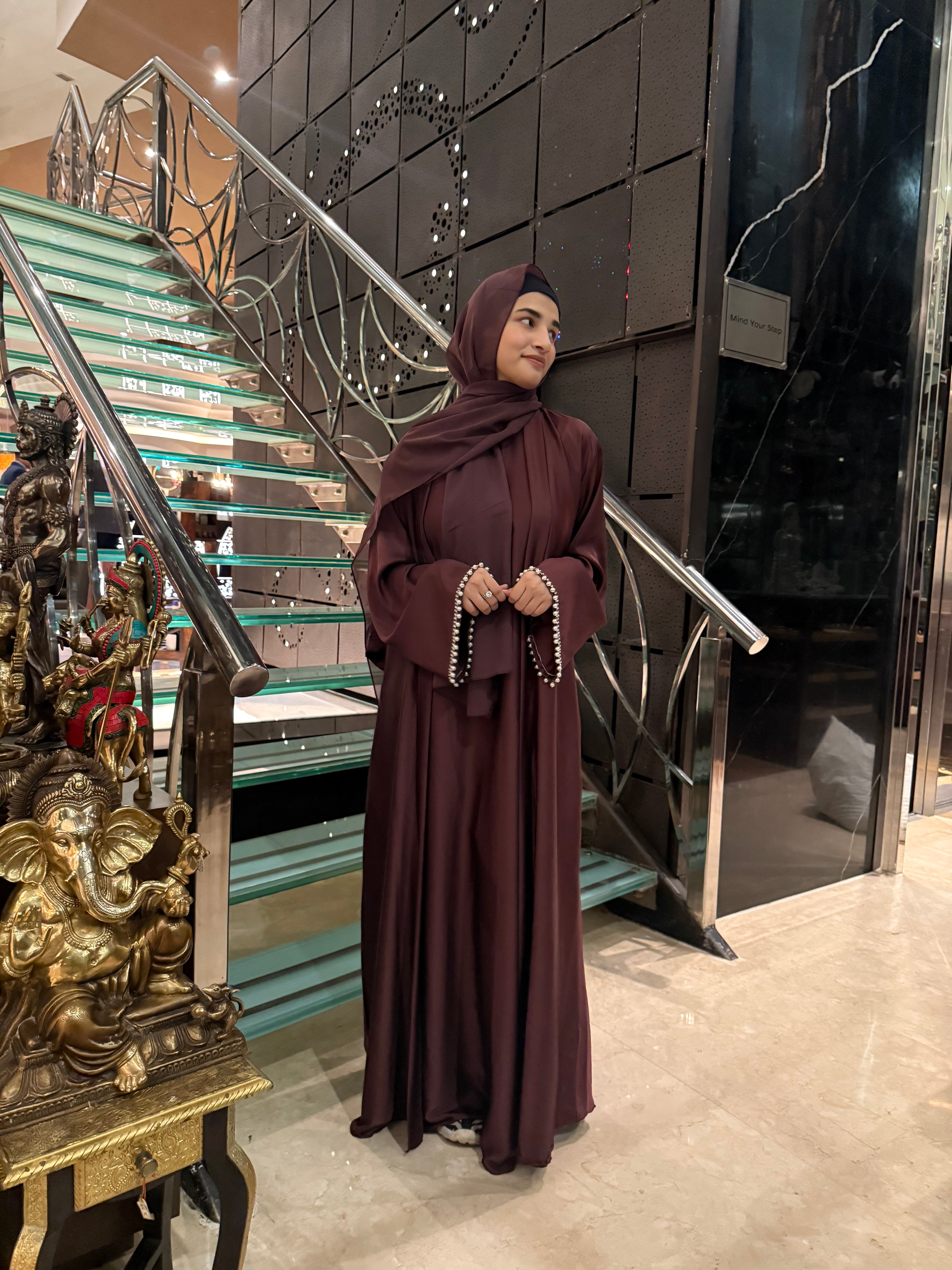 Satin pearl Premium abaya Full Set -burgundy (with Inner Slit & Hijab)