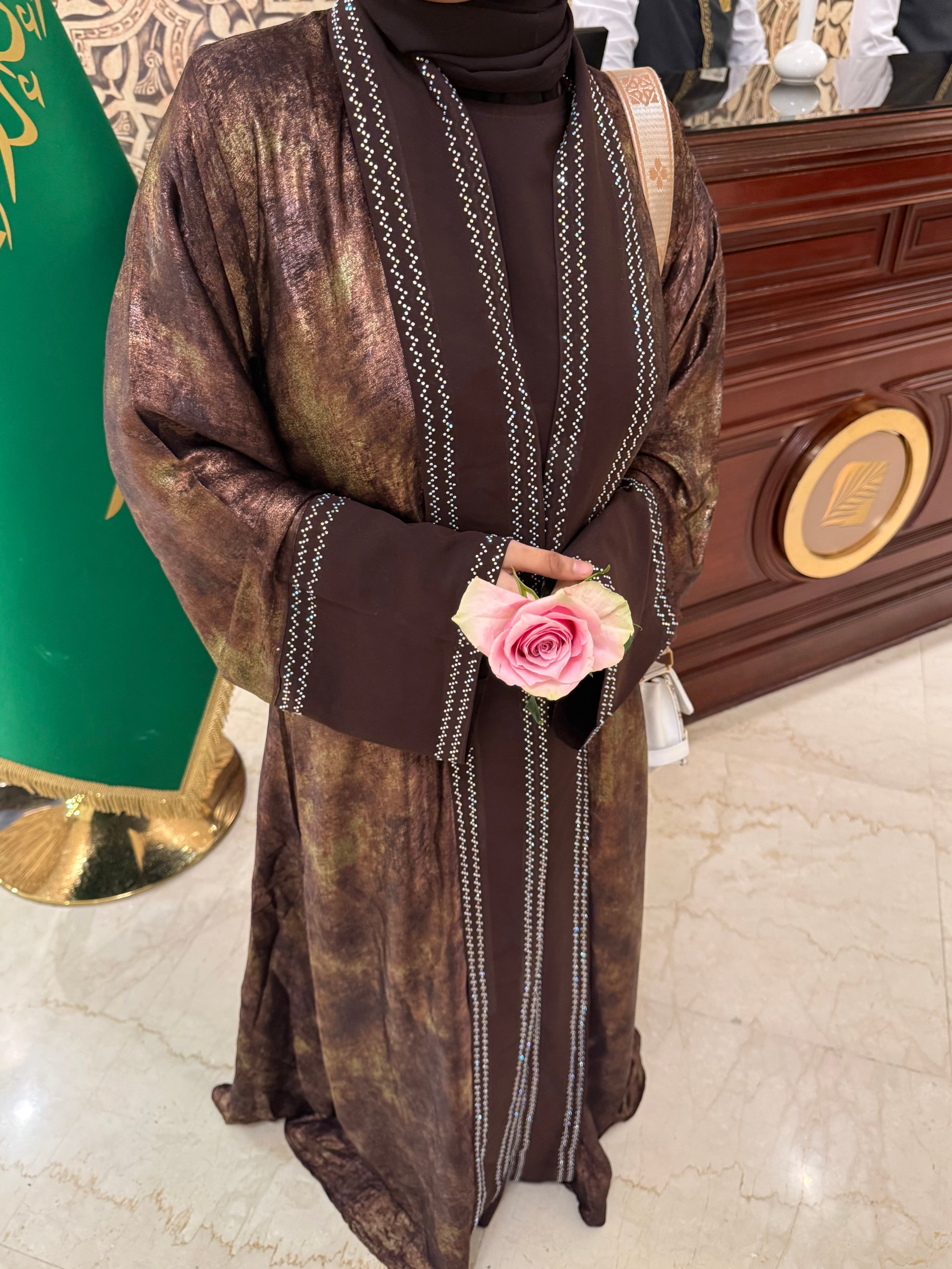 Shimmery Coco Abaya Premium Full Set -brown (with Inner Slit & Hijab)