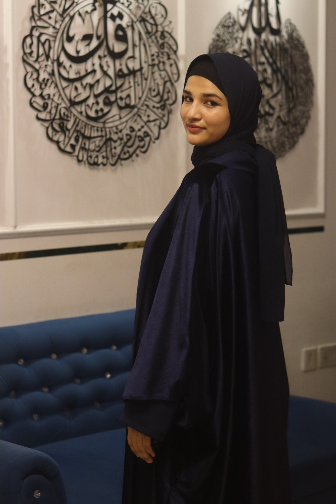 Velvet shrug Abaya Premium -Blue (with Inner Slit)