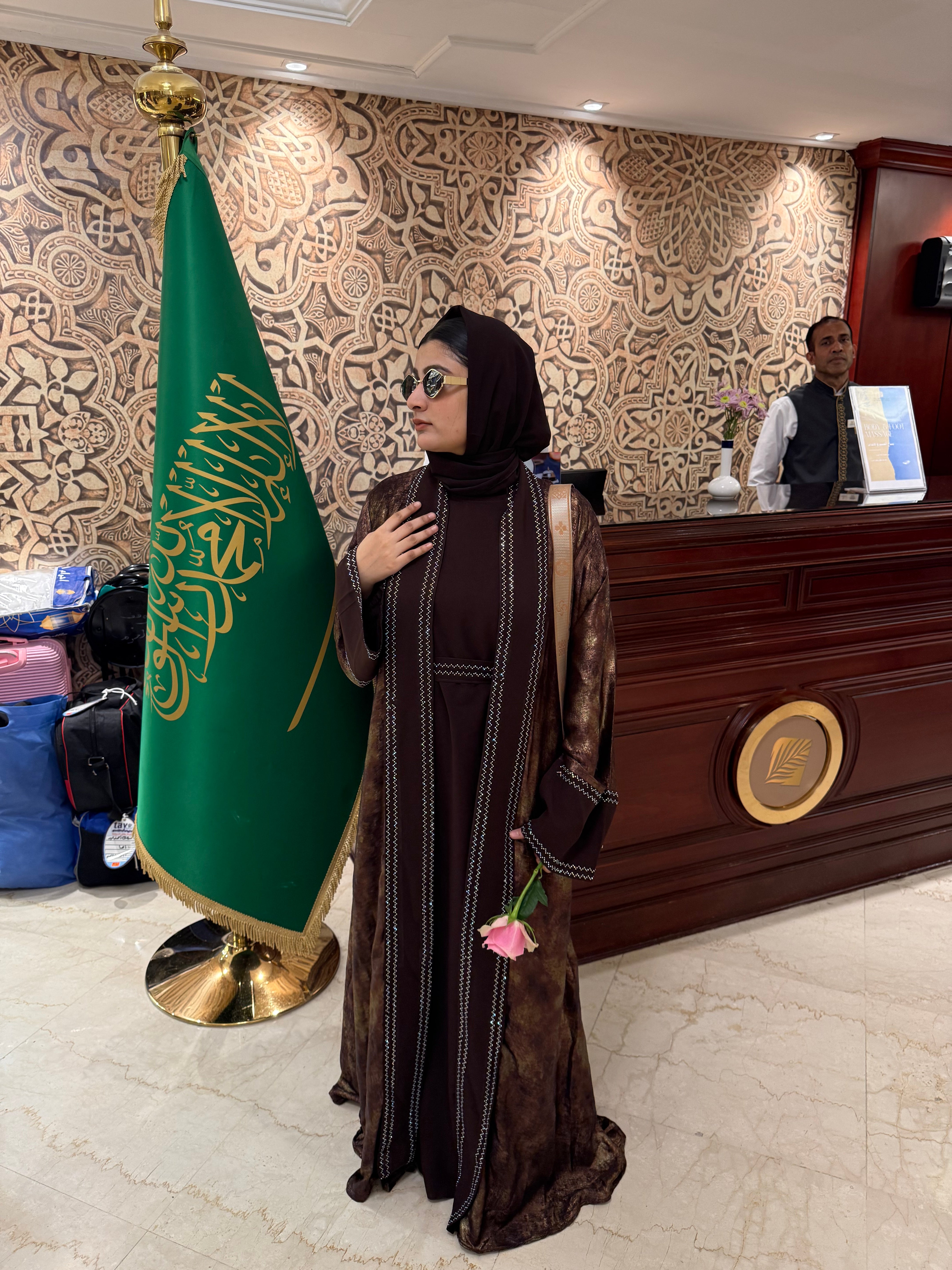Shimmery Coco Abaya Premium Full Set -brown (with Inner Slit & Hijab)
