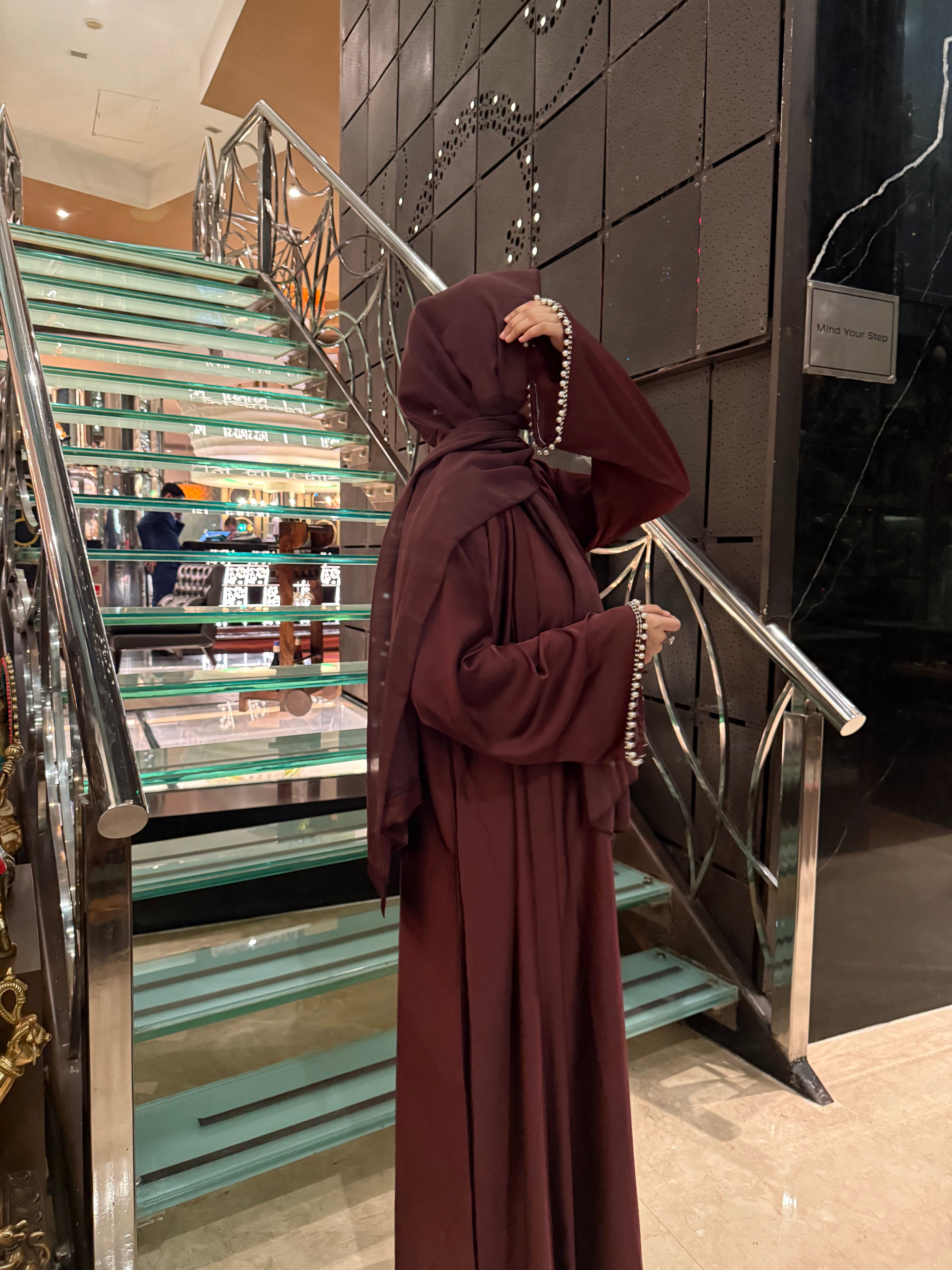 Satin pearl Premium abaya Full Set -burgundy (with Inner Slit & Hijab)