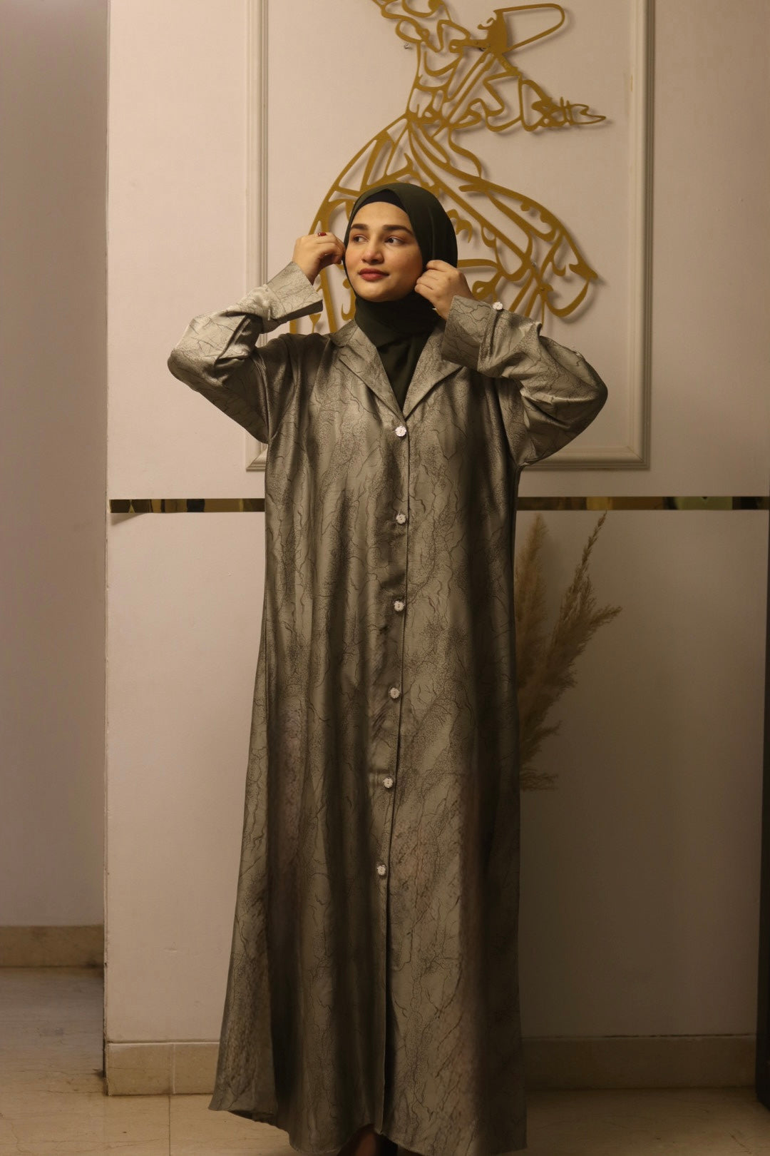 Printed Olive Coat Abaya -olive green (hijab included)