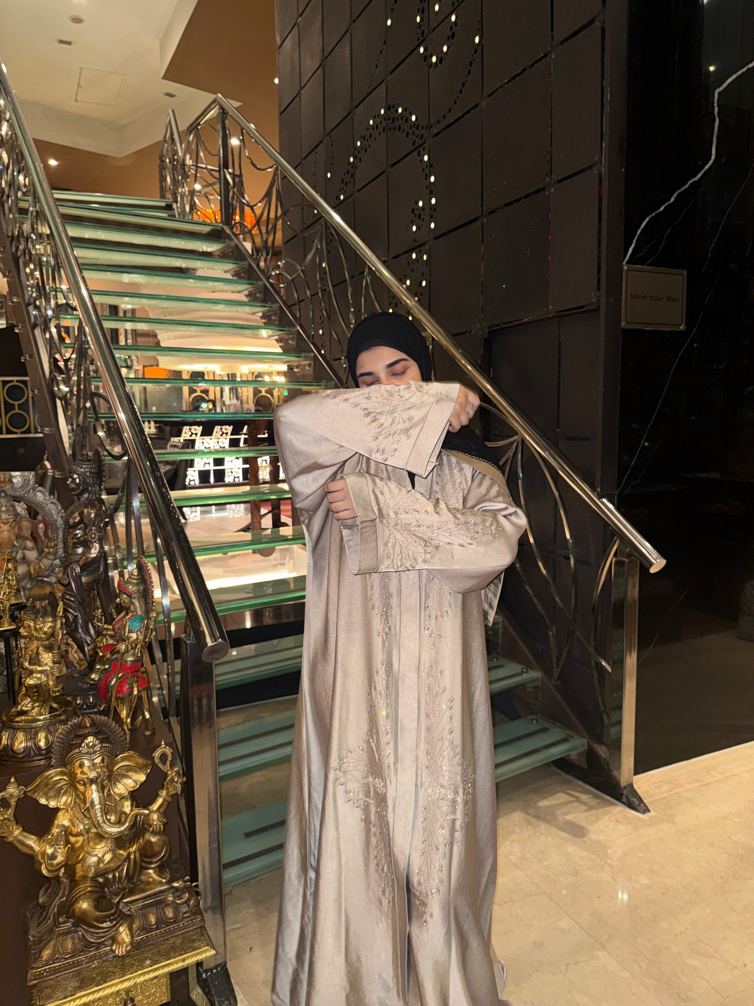 Luxe beige Rhinestone Abaya - (With hijab)