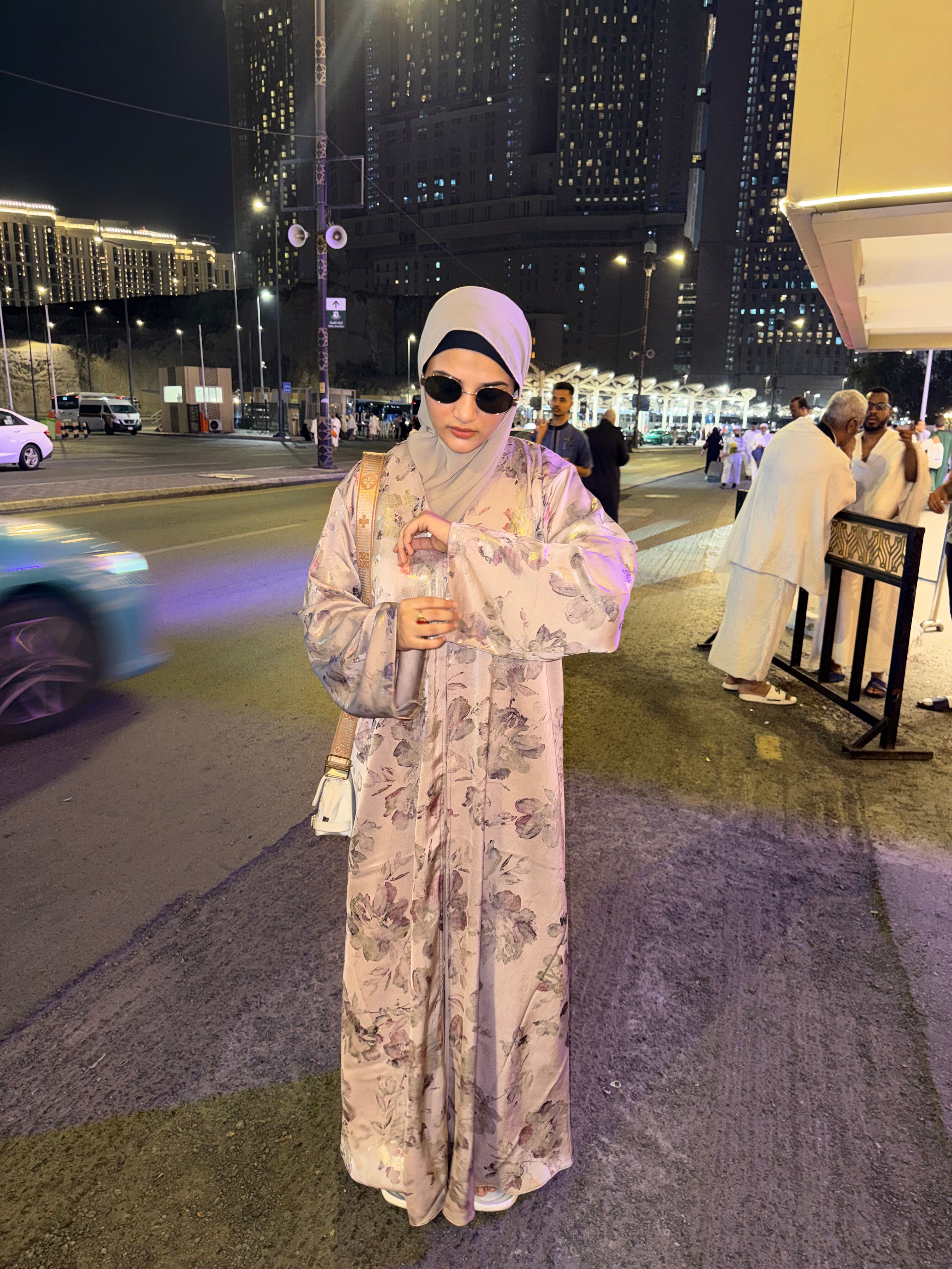 Beige floral print Abaya - (hijab included)