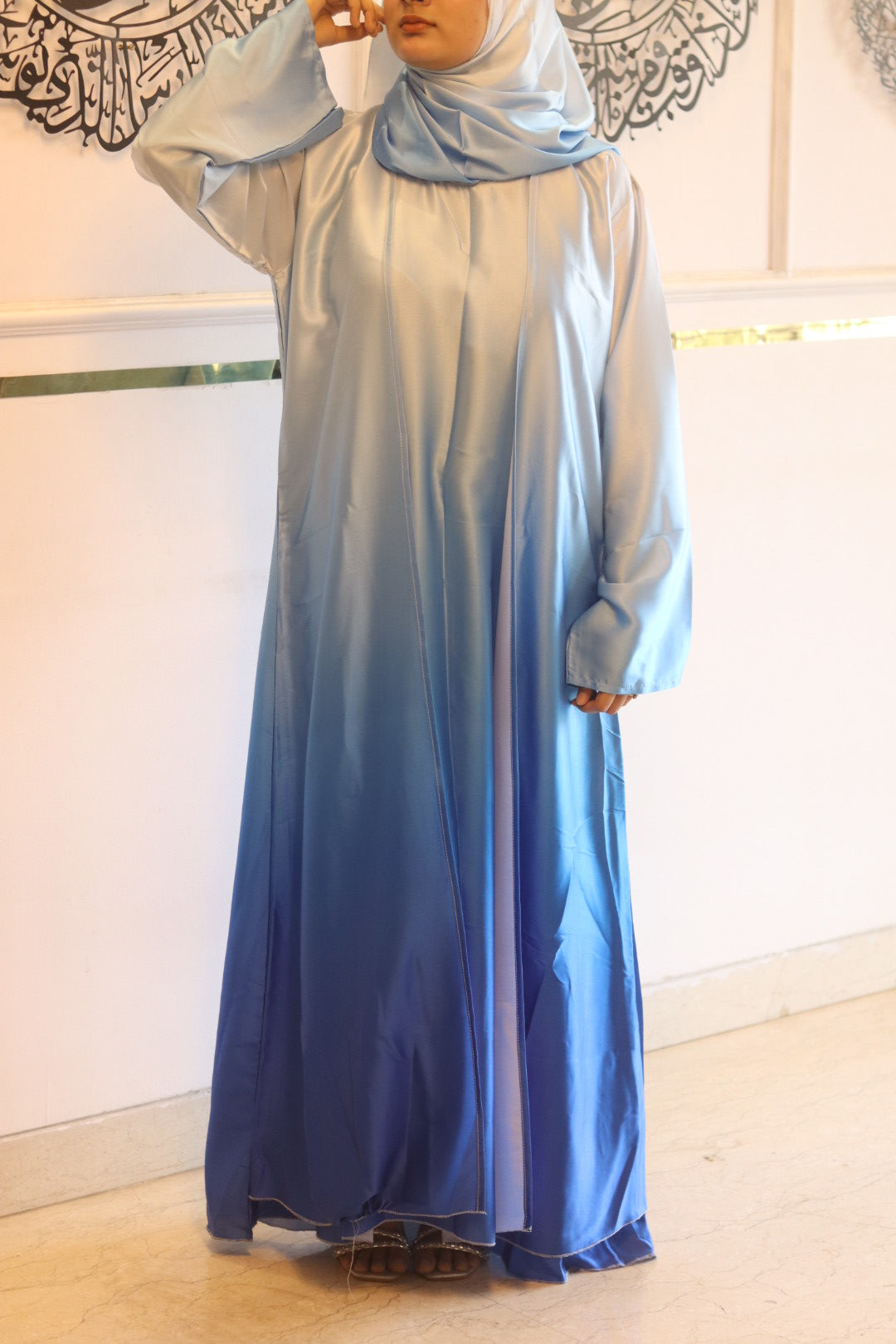 Blue ombre abaya with matching hijab (with attached Inner Slit & Hijab)