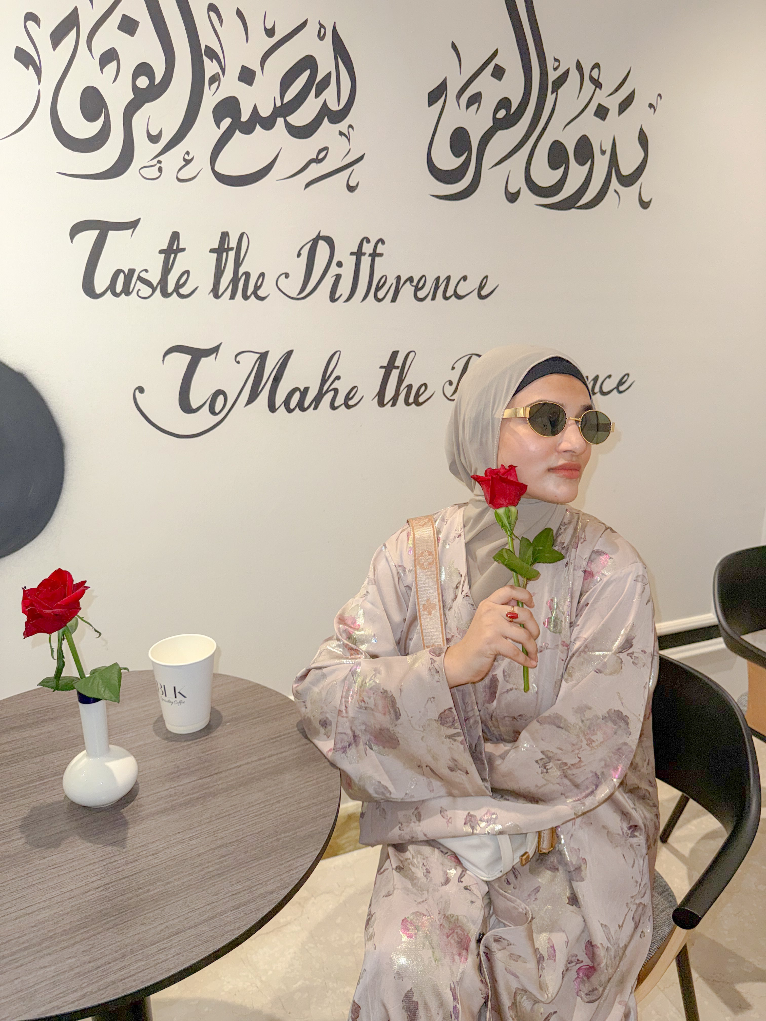 Beige floral print Abaya - (hijab included)