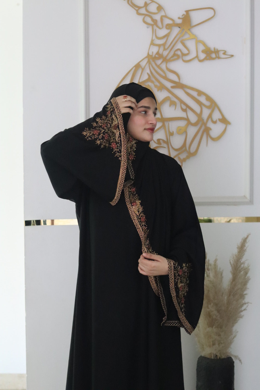 kesariya Black handwork Abaya (with hijab)