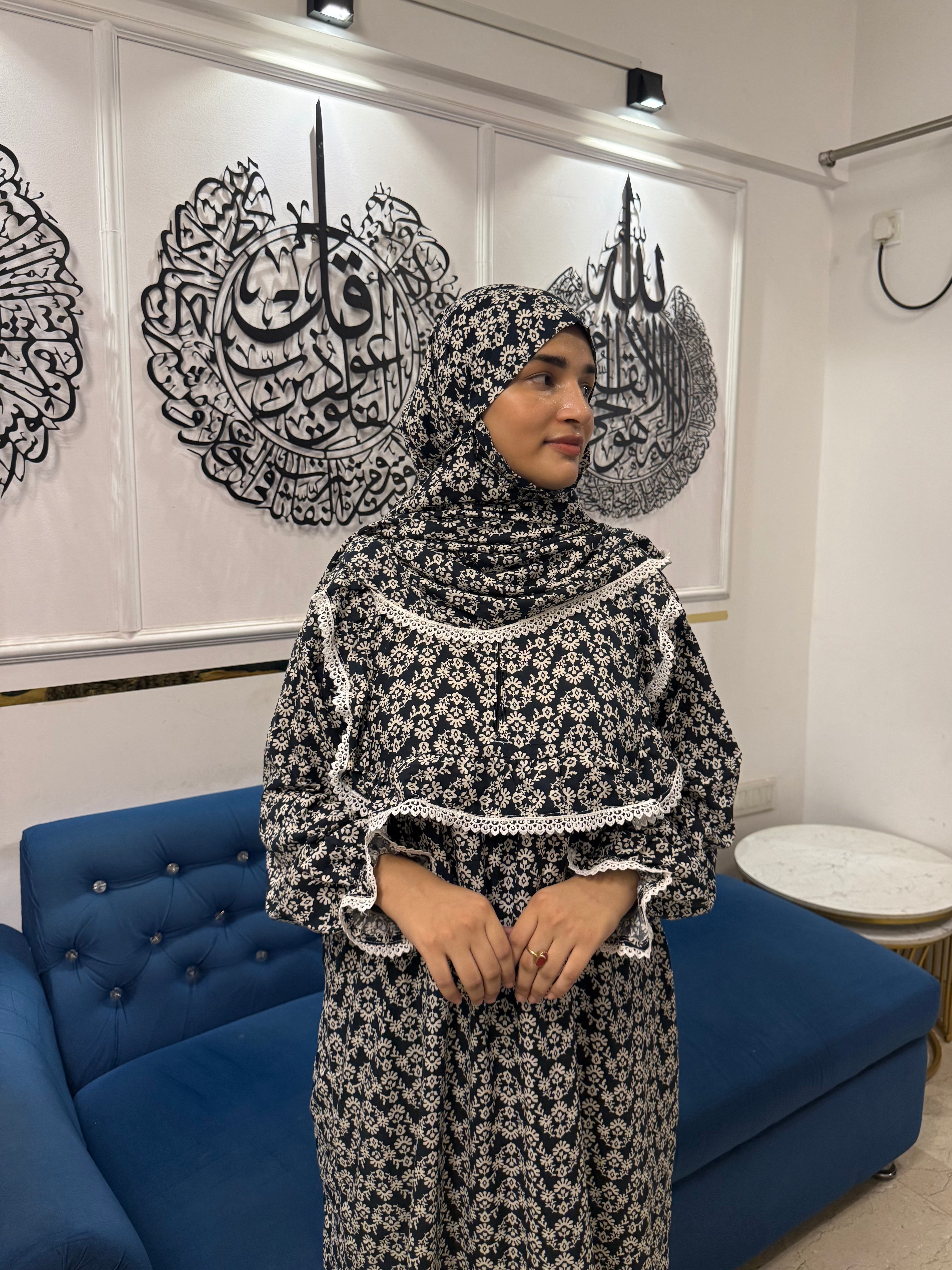 Floral Printed Cotton Single Layer Khimar Abaya