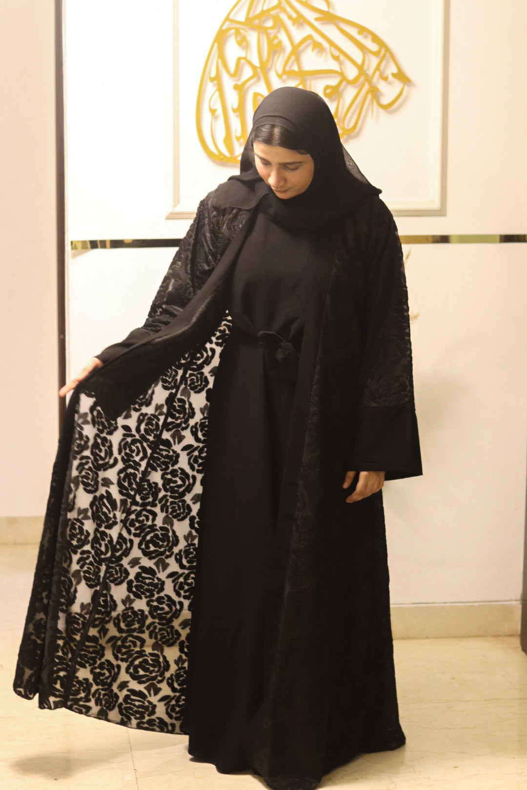 Black Net Abaya with inner slit & matching hijab- 3 pc set