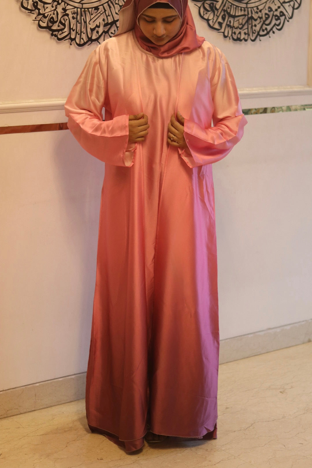 Pink Ombre Abaya with matching hijab (with attached Inner Slit & Hijab)