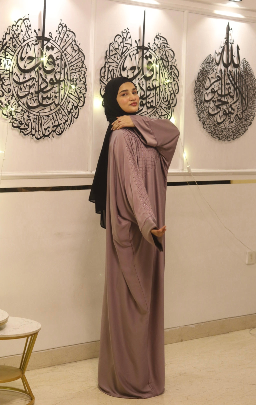 Mauve stonework abaya with hijab